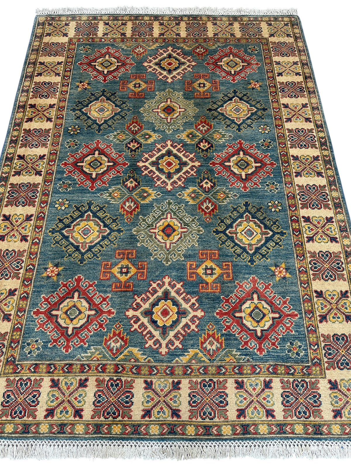 Afghan Kazak Stars Rug 4x6, Teal, Ivory & Red, Hand-Knotted Wool, view 3