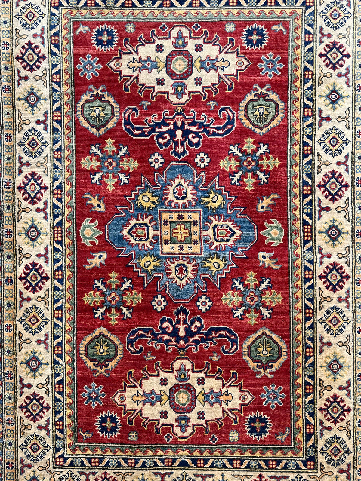 Afghan Kazak Rug 4'1" x 5'10", Hand-Knotted Wool, Red, Navy & Ivory, view 4