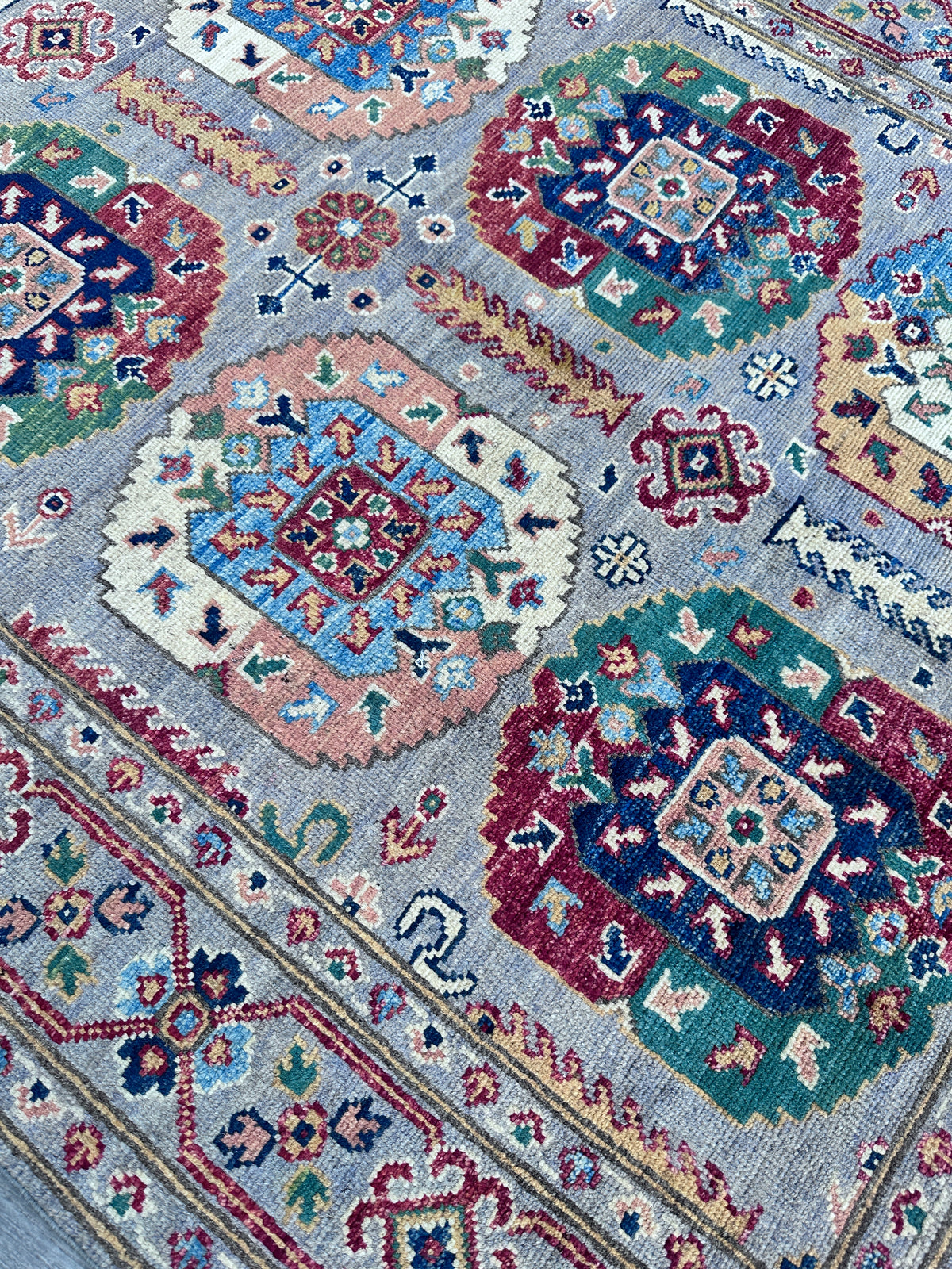 Afghan Kazak Rug 4'1" x 5'11", Hand-Knotted Wool, Gray, view 4