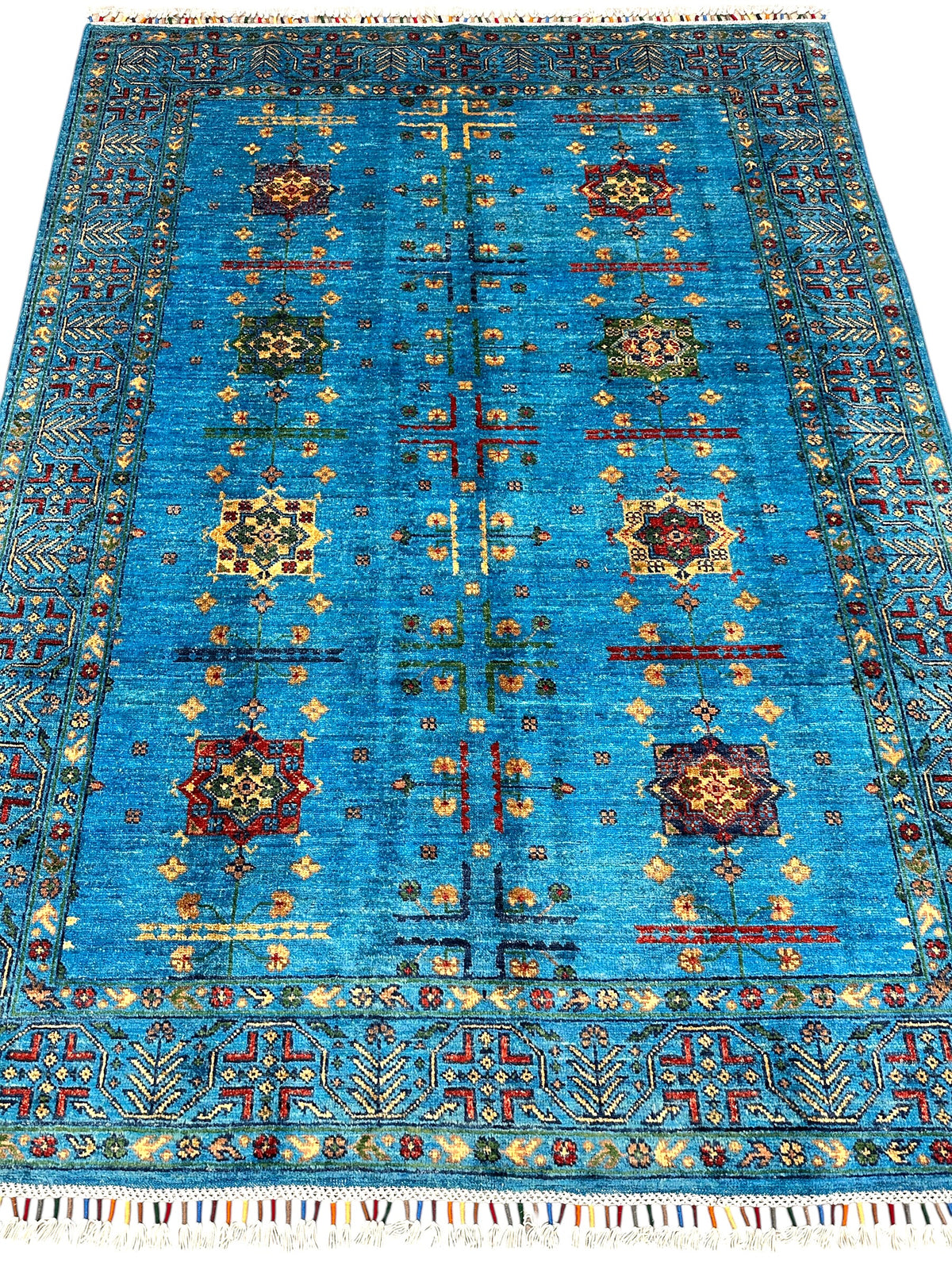 Afghan Chobi Rug 4'10" x 6'7", Hand-Knotted Wool, Blue, Red & Green, view 3