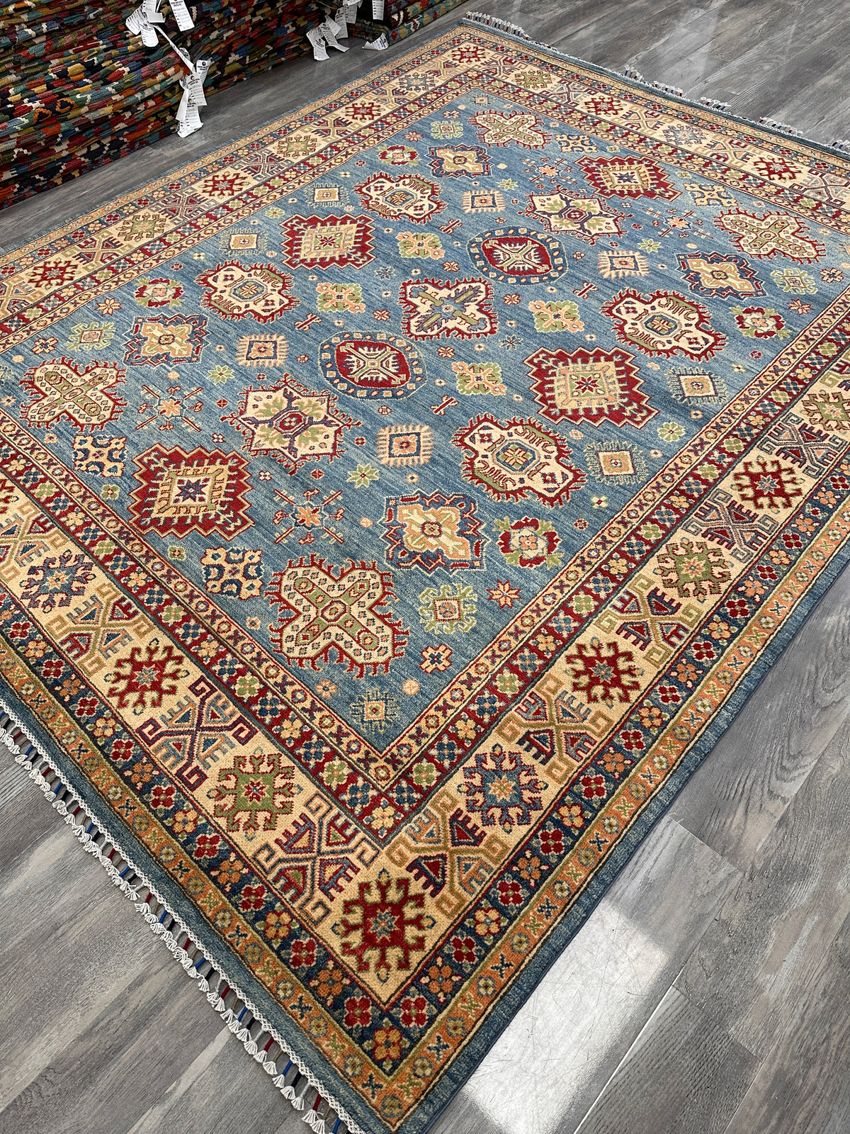 Afghan Kazak Rug 8'2" x 9'10", Hand-Knotted Wool, Blue, Cream & Red, view 5
