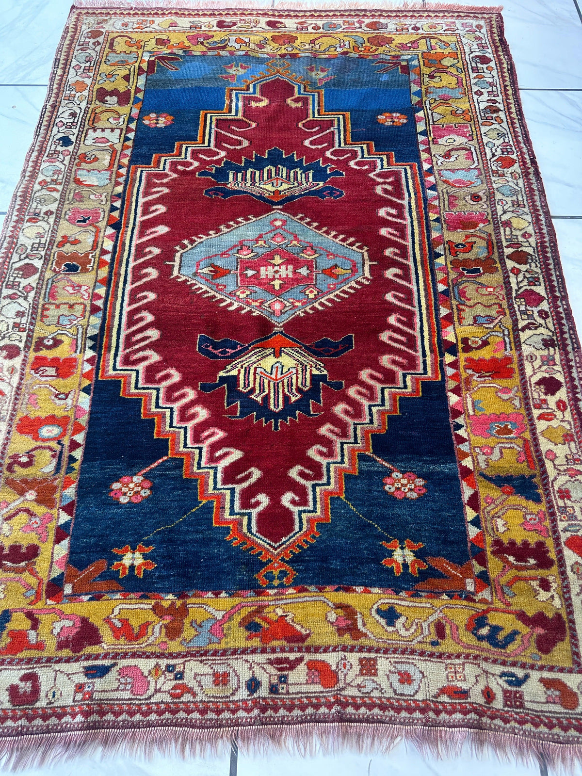 Antique Turkish Melas Rug 4'3" x 5'11", Hand-Knotted Wool, Blue, view 4