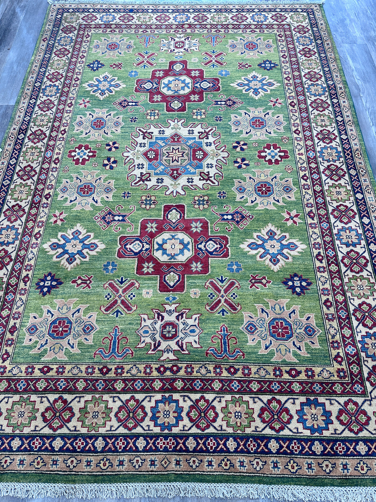Afghan Kazak Rug 6'7" x 9'9", Hand-Knotted Wool, Cream & Green, view 2