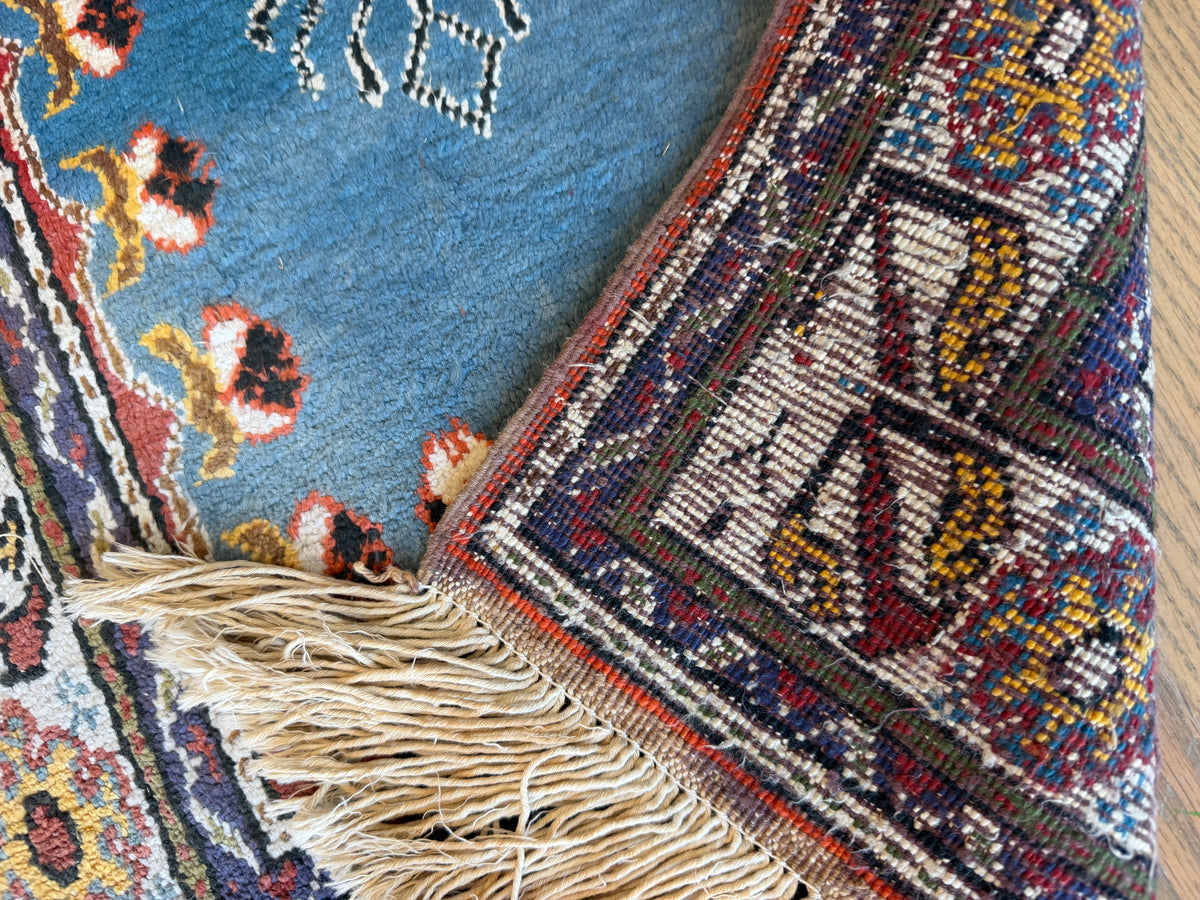 Turkish Kayseri Prayer Rug 2x2 | Blue, Ivory & Rust | Hand-Knotted Silk