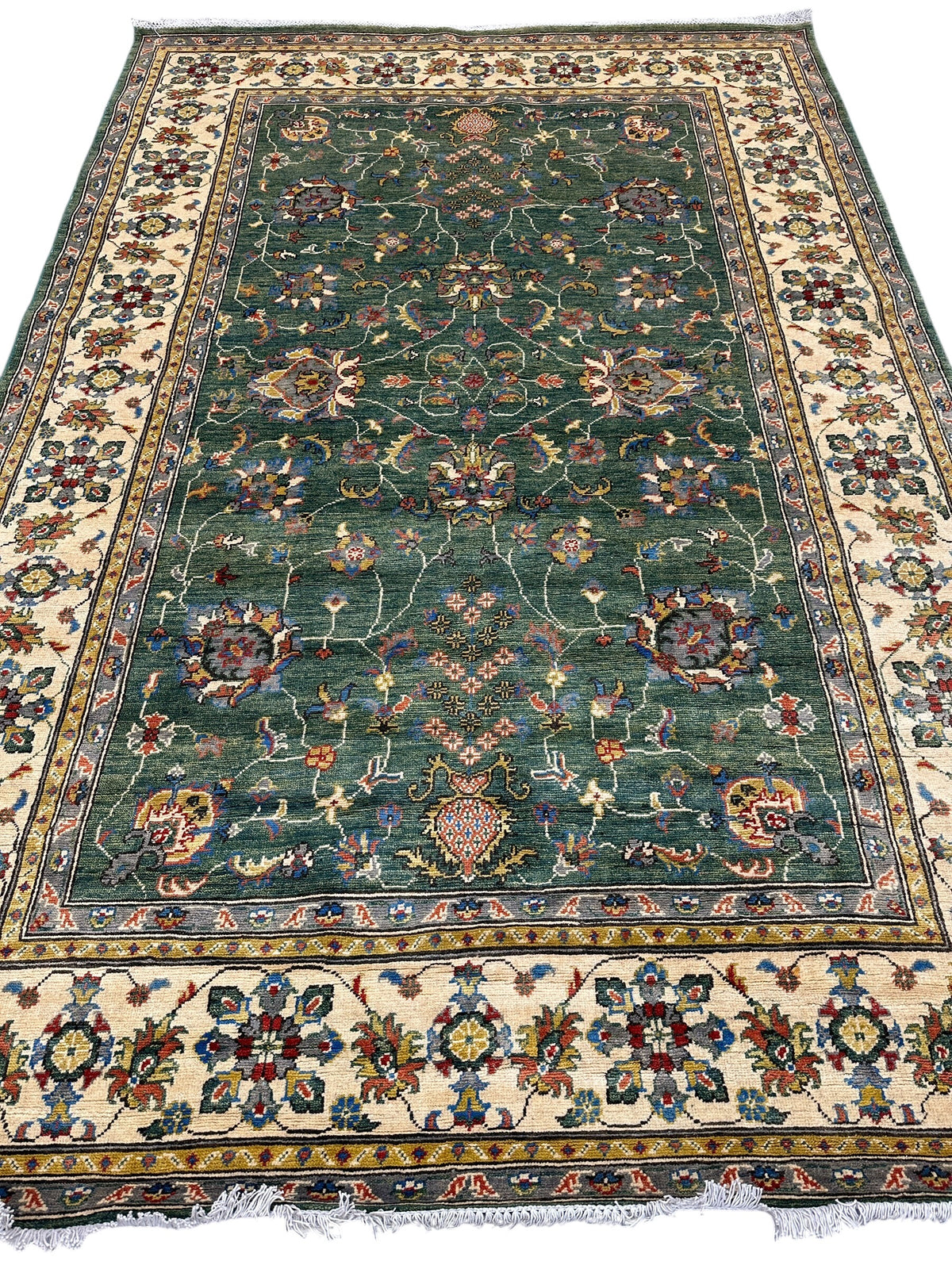 Afghan Kazak Sultani Rug 6'6" x 9'9", Hand-Knotted Wool, Cream & Green, view 2