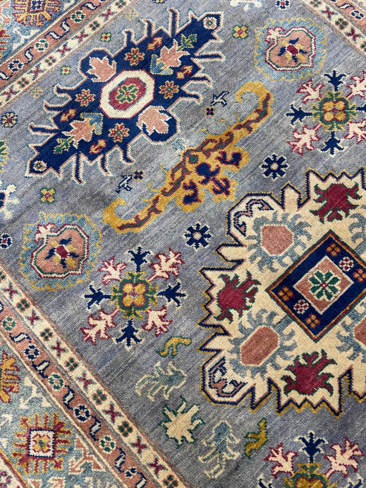 Afghan Kazak Rug 4'11" x 6'11", Hand-Knotted Wool, Gray, Navy & Ivory, view 6