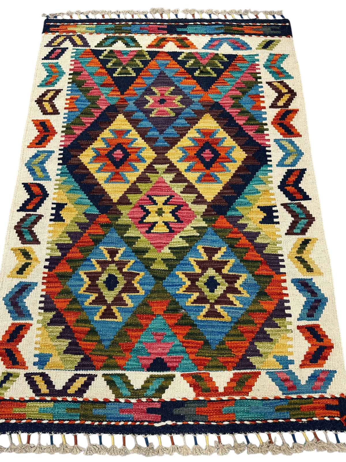 Afghan Kilim Rug 3x4, Ivory, Navy & Teal, Hand-Woven Wool Flatweave, view 2