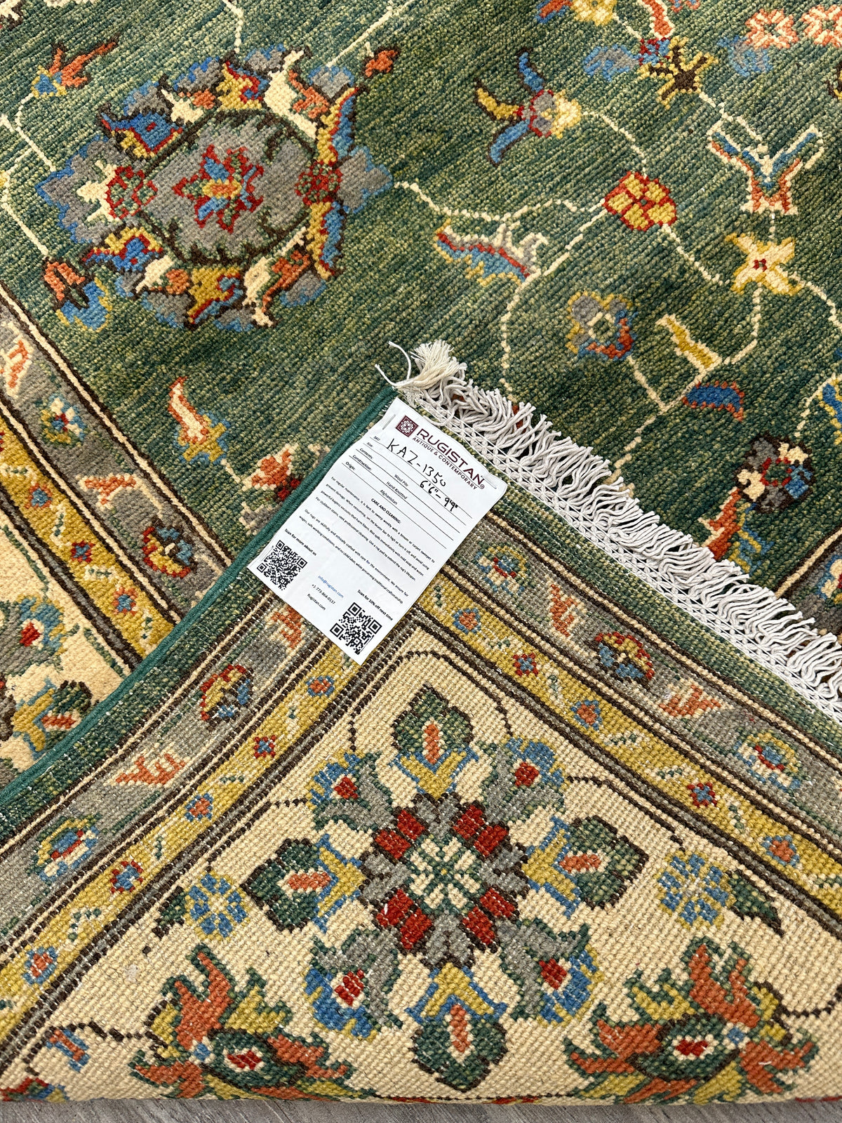 Afghan Kazak Sultani Rug 6'6" x 9'9", Hand-Knotted Wool, Cream & Green, view 8