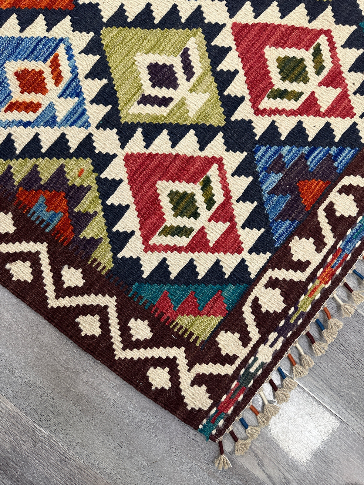 Afghan Kilim Rug 6x8, Navy, Ivory & Rust, Diamond Lattice Wool Flatweave, view 4