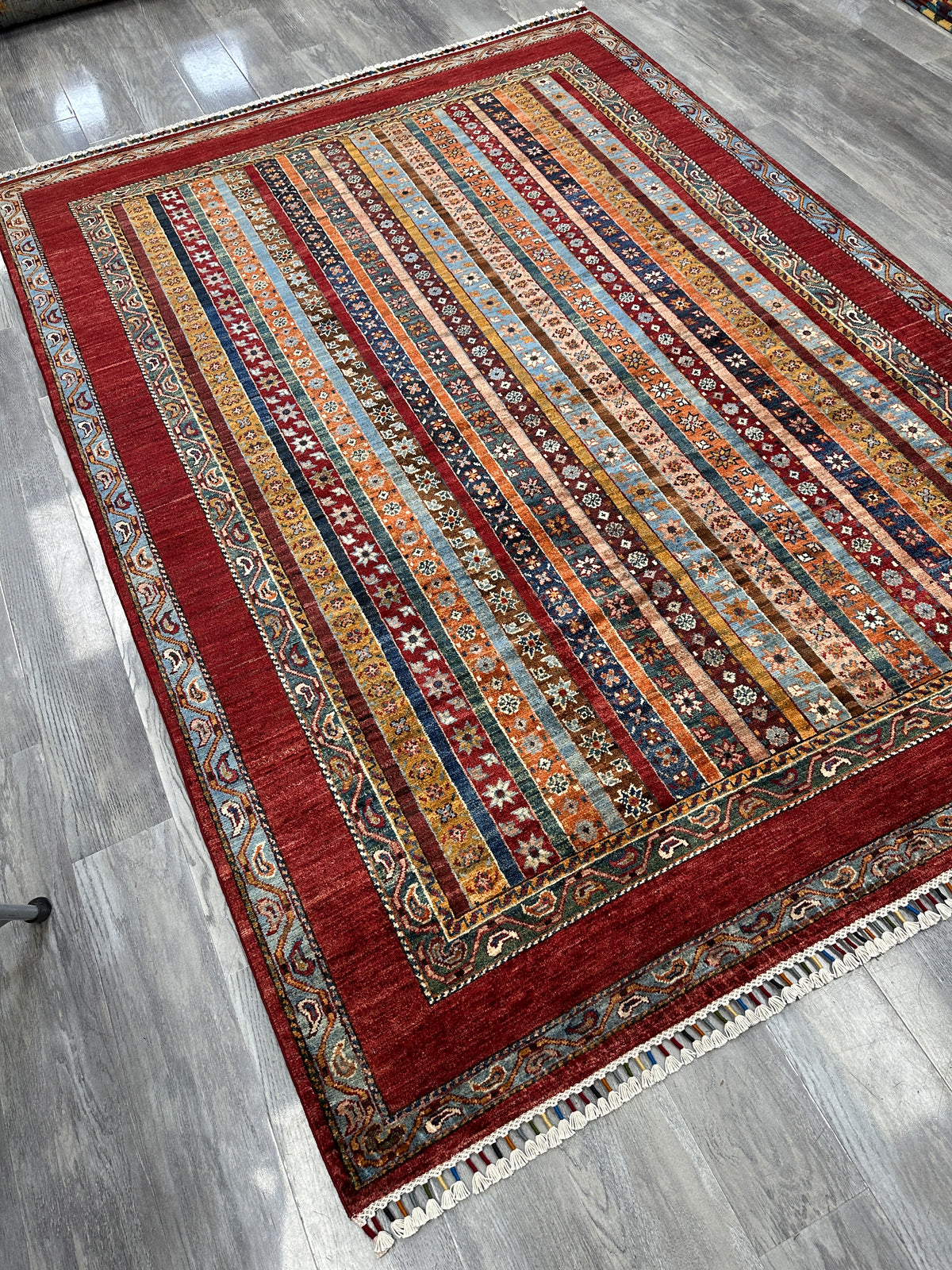 Afghan Khorjin Rug 5'10" x 8', Hand-Knotted Wool, Red, Blue & Orange, view 8