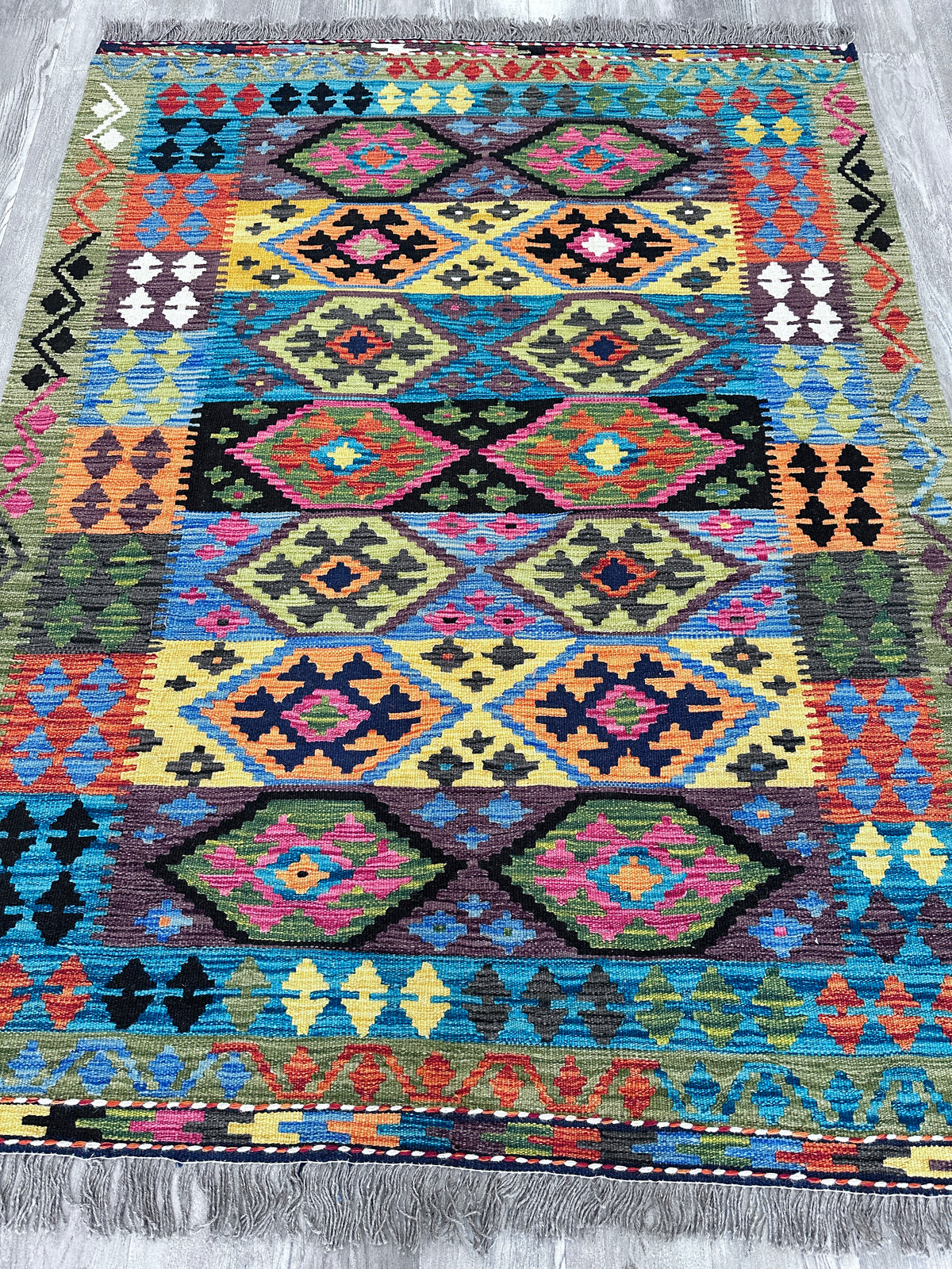 Afghan Kilim Rug 5x7, Teal, Black & Yellow, Hand-Woven Wool Flatweave, view 3