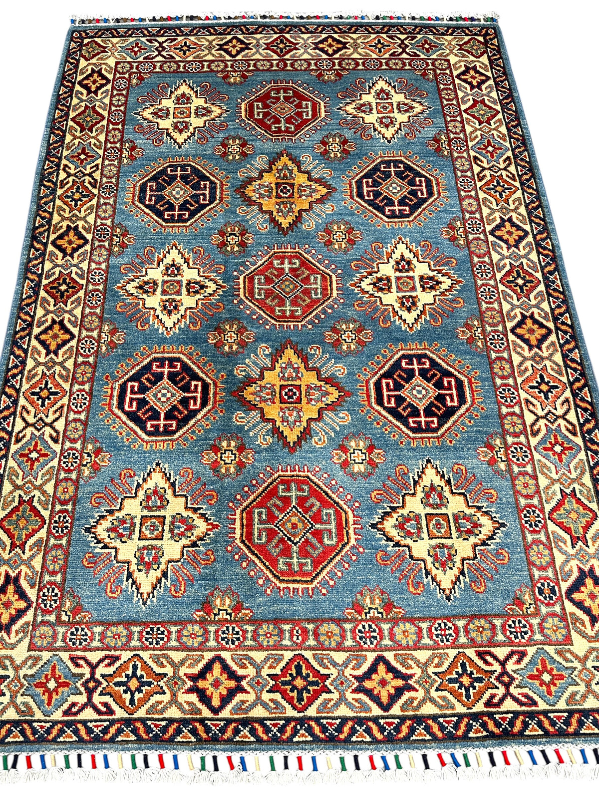 Afghan Kazak Stars Rug 4x6, Light Blue, Ivory & Red, Hand-Knotted Wool, view 3