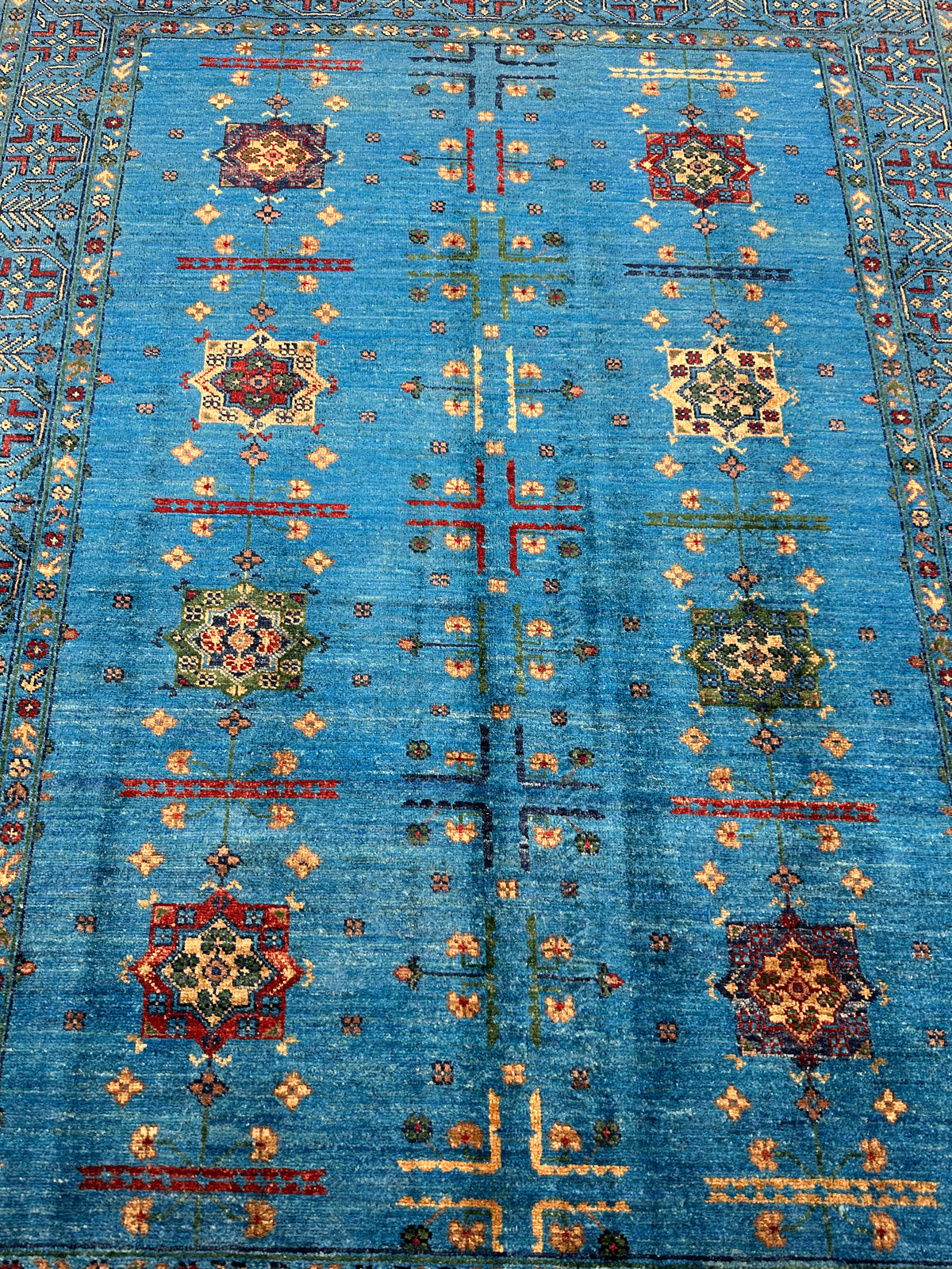 Afghan Chobi Rug 4'10" x 6'7", Hand-Knotted Wool, Blue, Red & Green, view 7