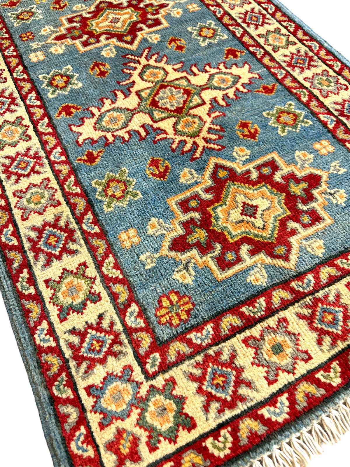 Afghan Super Kazak Runner 2'2" x 6', Hand-Knotted Wool, Beige & Blue, view 2