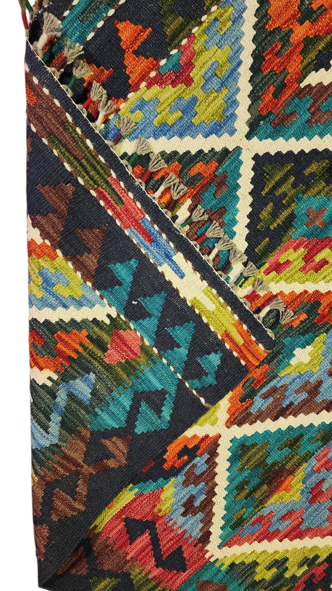 Afghan Kilim Rug 5x8, Olive Green, Rust & Teal, Hand-Woven Wool Flatweave, view 3