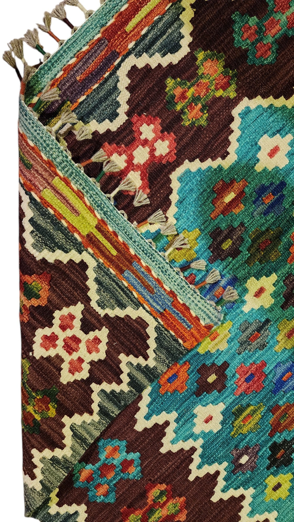Afghan Kilim Rug 6x8, Teal, Brown & Rust, Hand-Woven Wool Flatweave, view 3