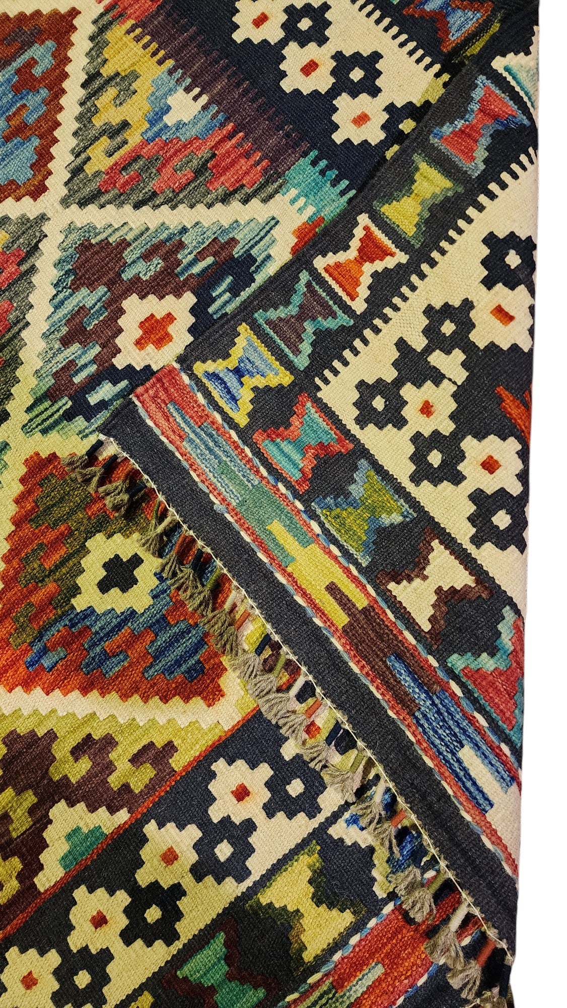 Afghan Kilim Rug 6x8, Ivory, Rust & Navy, Hand-Woven Wool Flatweave, view 3