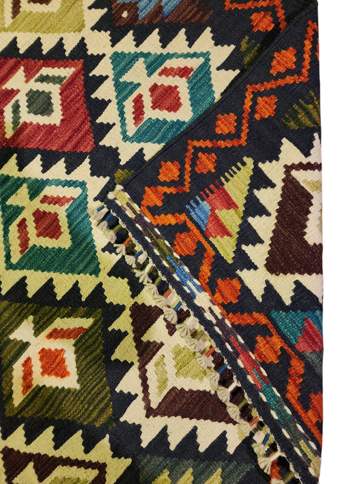 Afghan Kilim Rug 6x8, Navy, Ivory & Rust, Hand-Woven Wool Flatweave, view 5