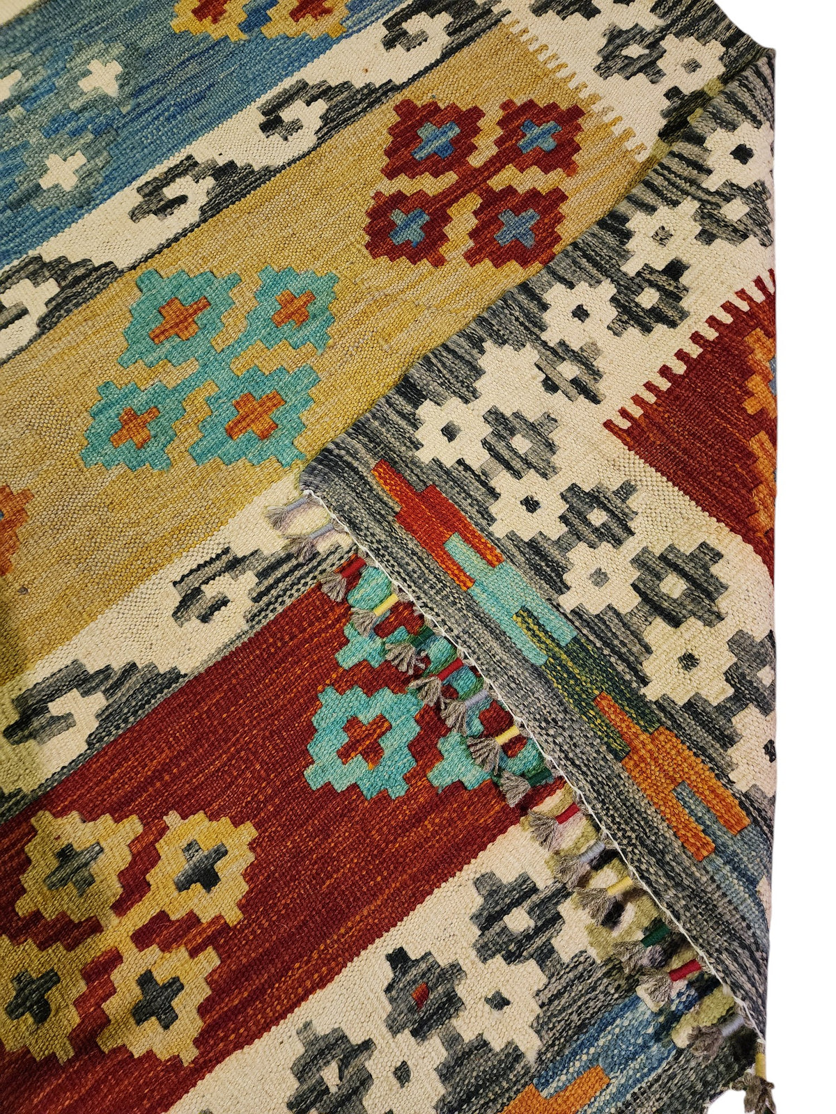 Afghan Kilim Rug 6x8, Ivory, Rust & Olive Green, Hand-Woven Wool Flatweave, view 3