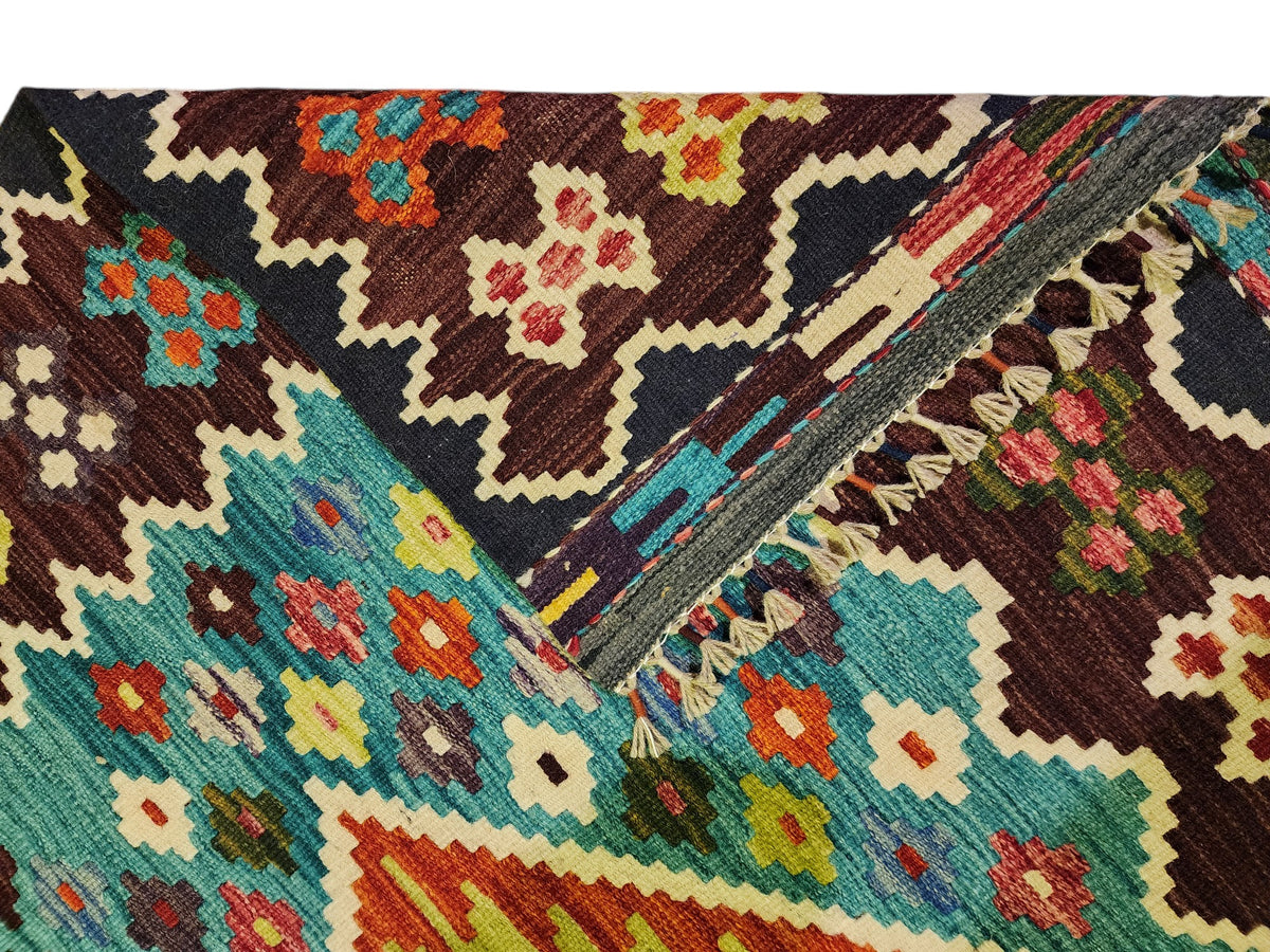 Afghan Kilim Rug 6x8, Teal, Brown & Orange, Diamond Medallion Wool Flatweave, view 3