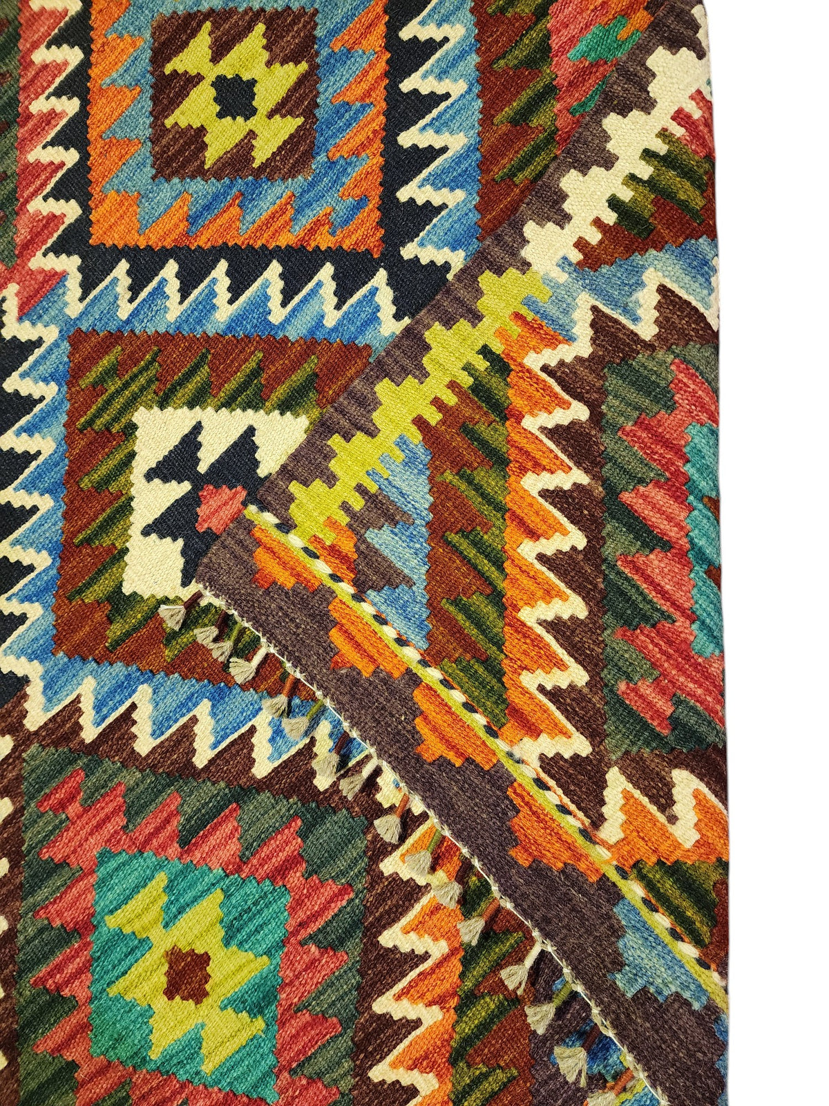 Afghan Kilim Rug 4x6, Brown, Orange & Teal, Hand-Woven Wool Flatweave, view 3