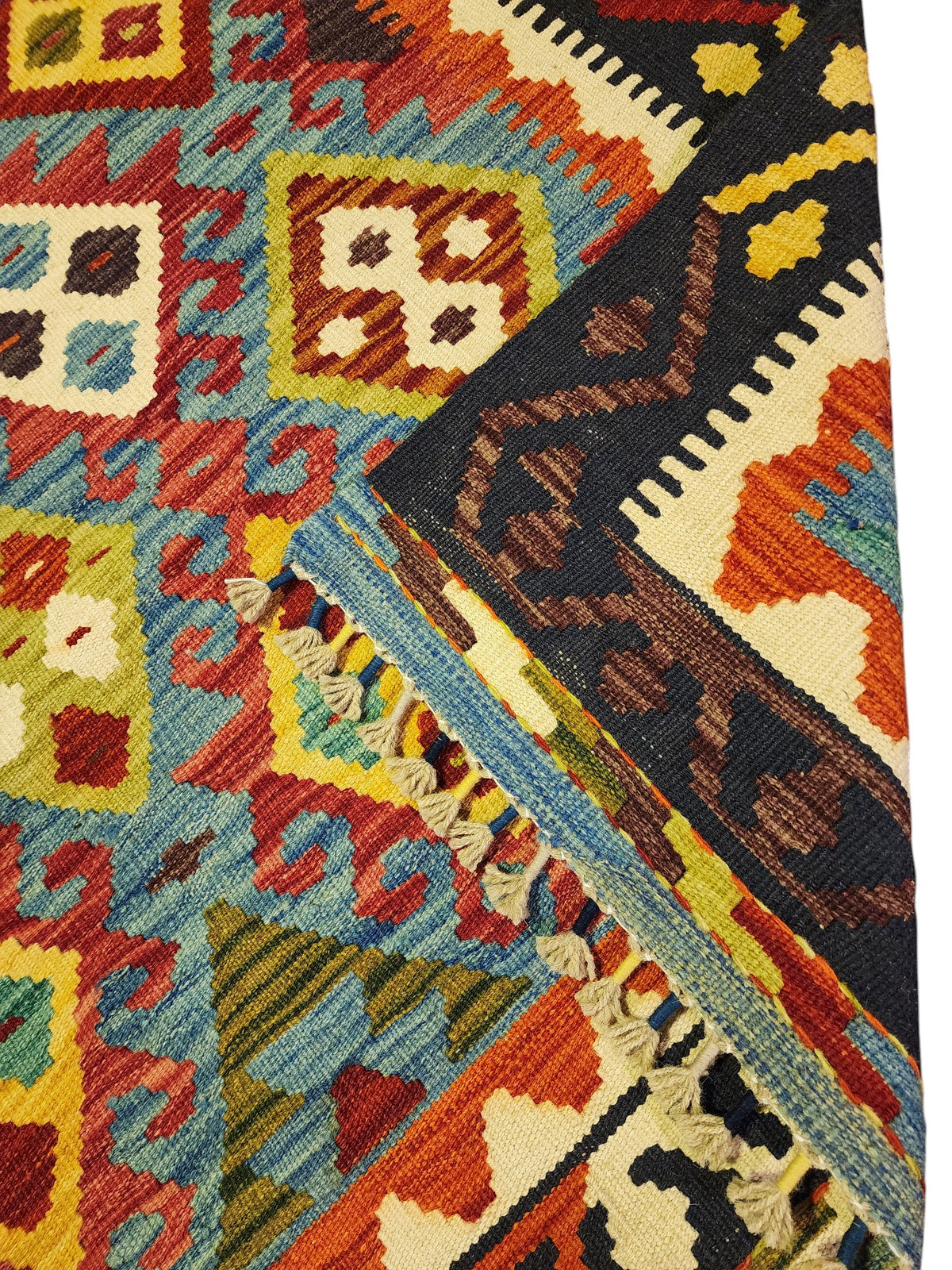Afghan Kilim Rug 4x6, Rust, Blue & Navy, Hand-Woven Wool Flatweave, view 3