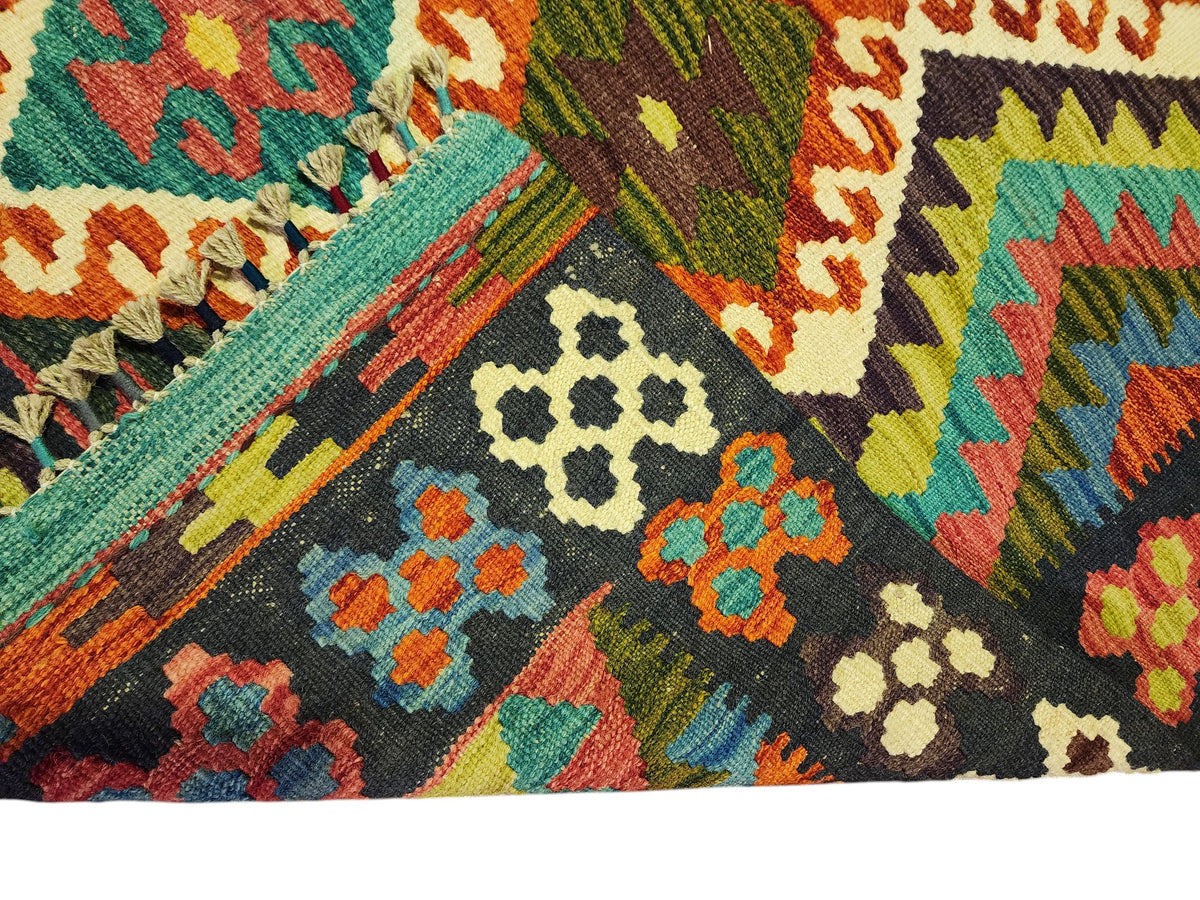 Afghan Kilim Rug 4x6, Navy, Rust & Ivory, Diamond Lattice Wool Flatweave, view 3