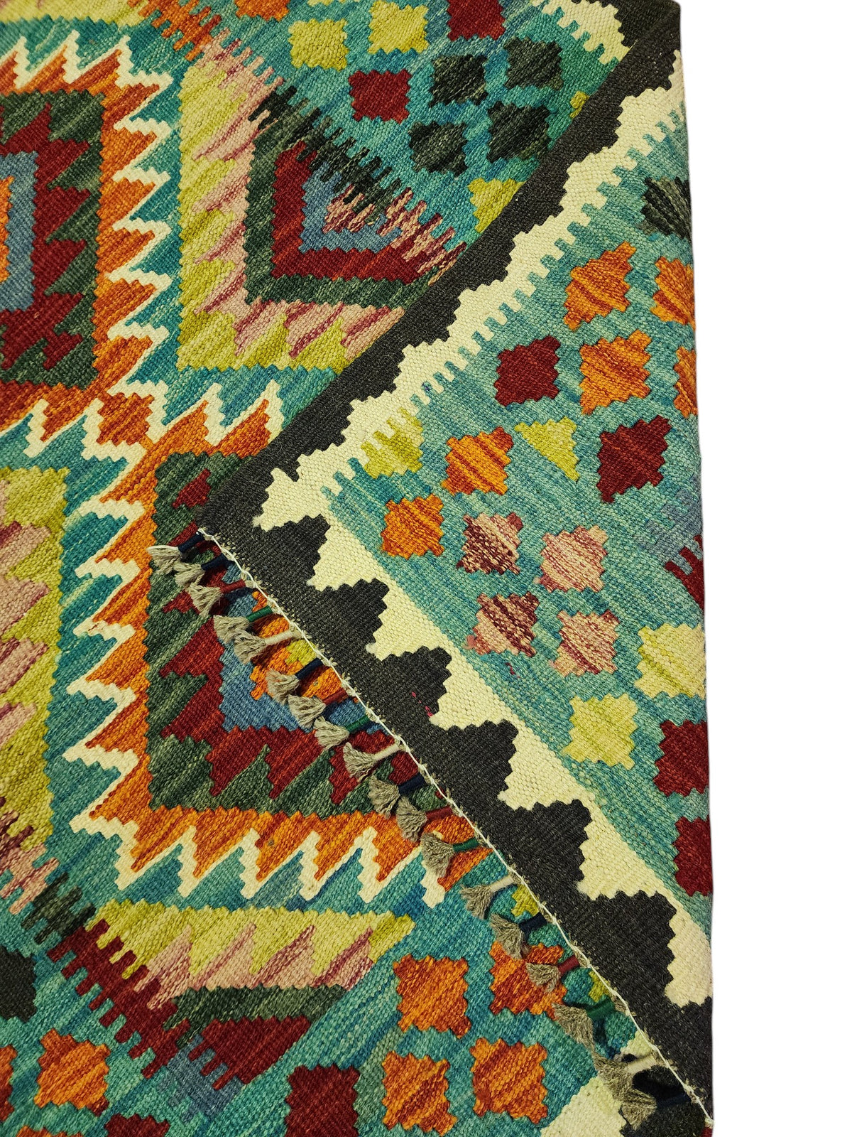 Afghan Kilim Rug 3x7, Teal, Rust & Ivory, Hand-Woven Wool Flatweave, view 3