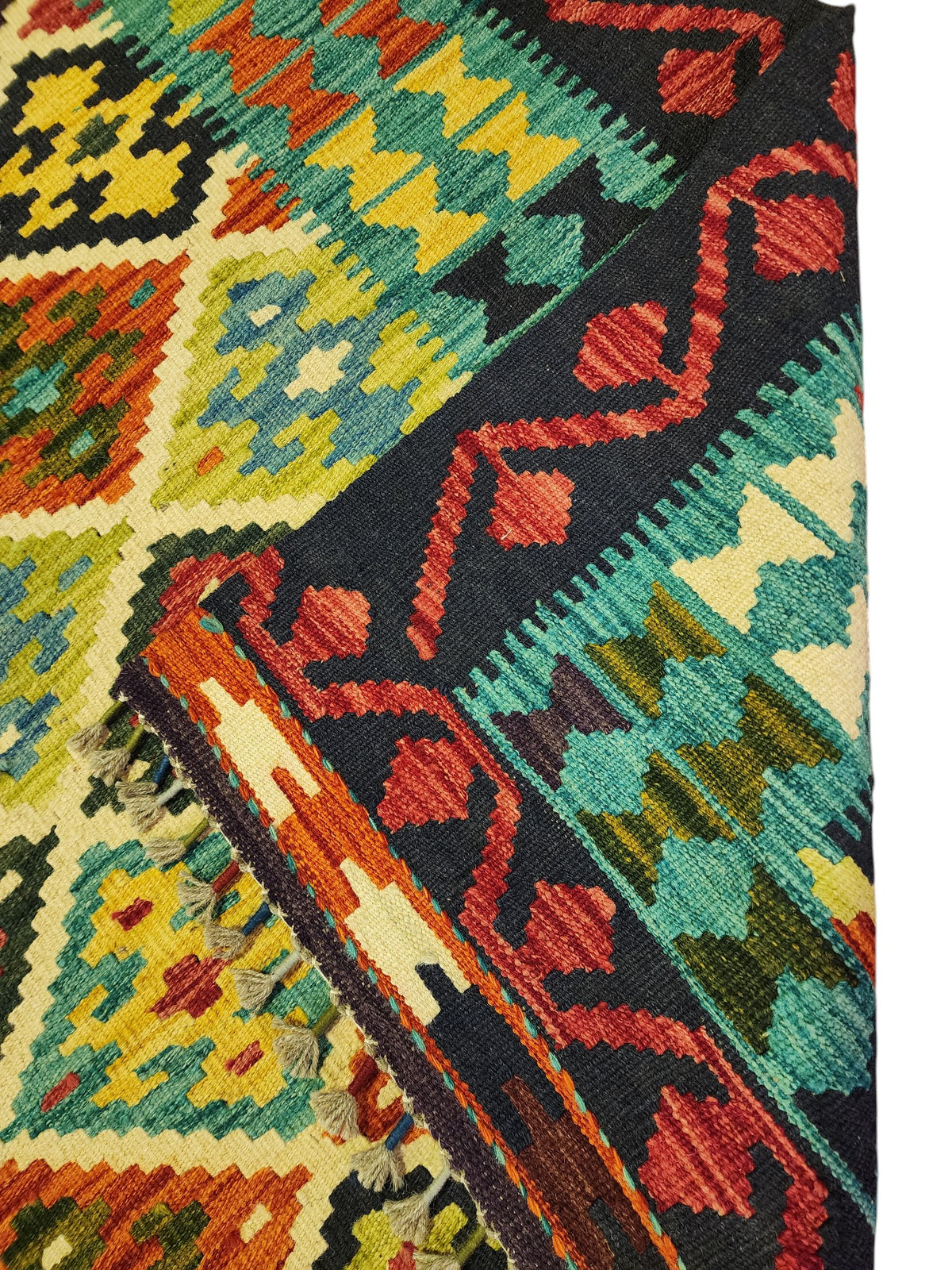 Afghan Kilim Rug 4x6, Navy, Teal & Rust, Diamond Lattice Wool Flatweave, view 3