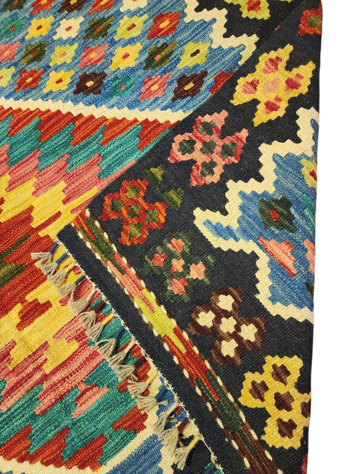 Afghan Kilim Rug 4x6, Blue, Navy & Rust, Hand-Woven Wool Flatweave, view 3