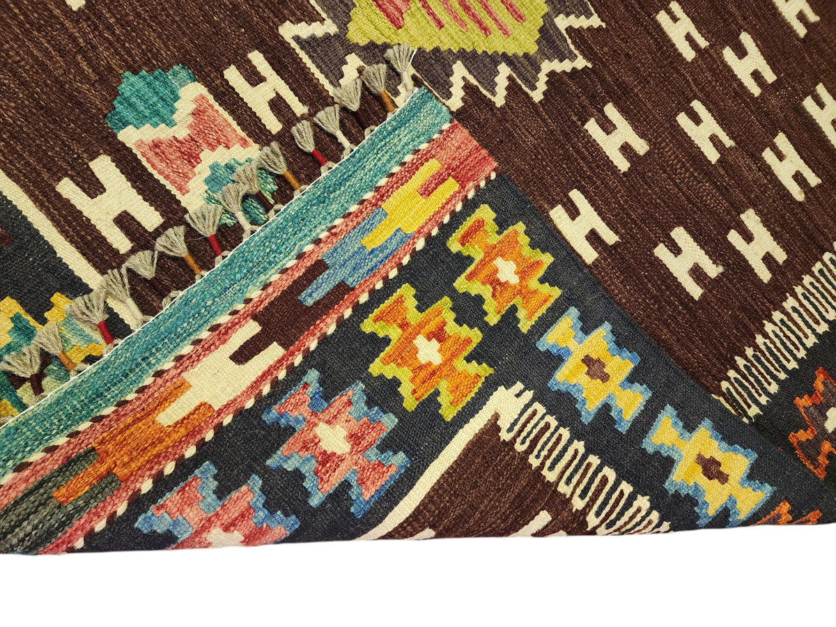 Afghan Kilim Rug 4x6, Brown, Navy & Ivory, Hand-Woven Wool Flatweave, view 3