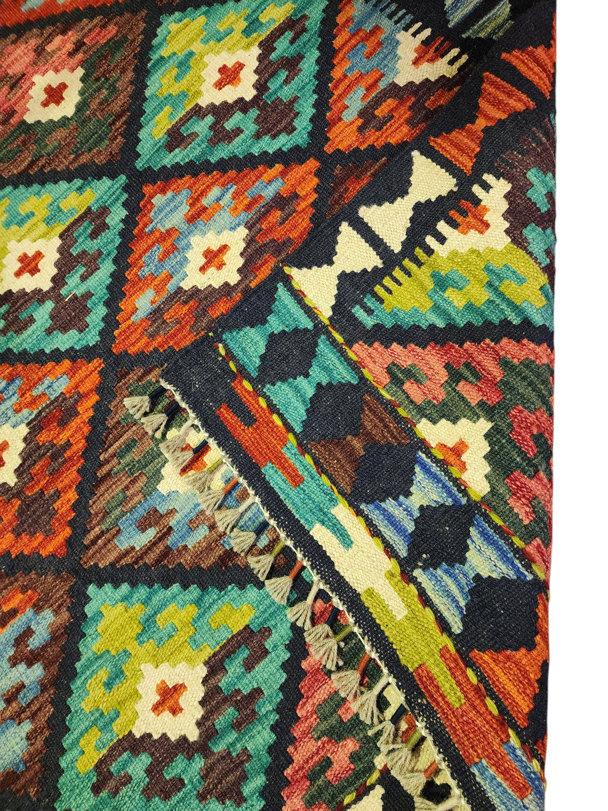 Afghan Kilim Rug 4x6, Navy, Teal & Rust, Hand-Woven Wool Flatweave, view 3