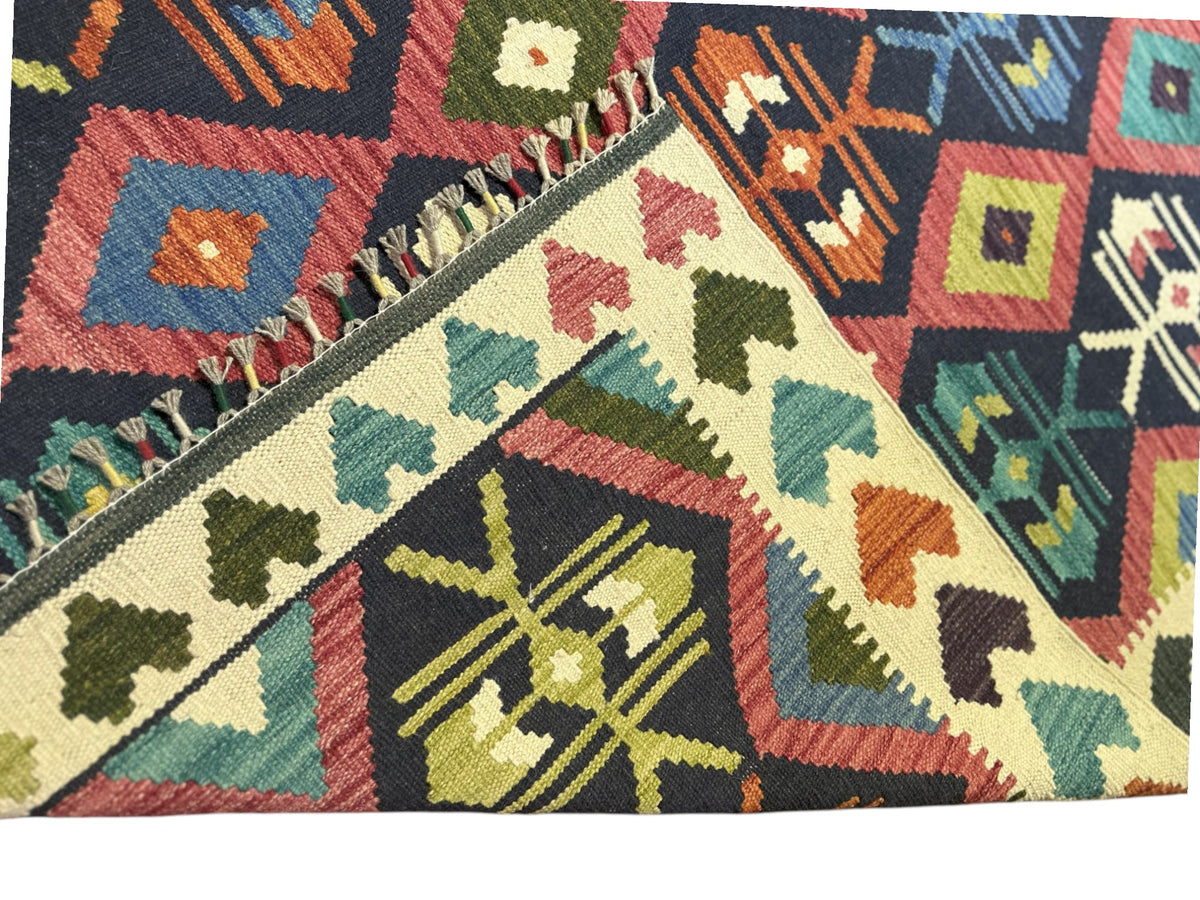 Afghan Kilim Rug 6x8, Navy, Pink & Ivory, Diamond Lattice Wool Flatweave, view 3