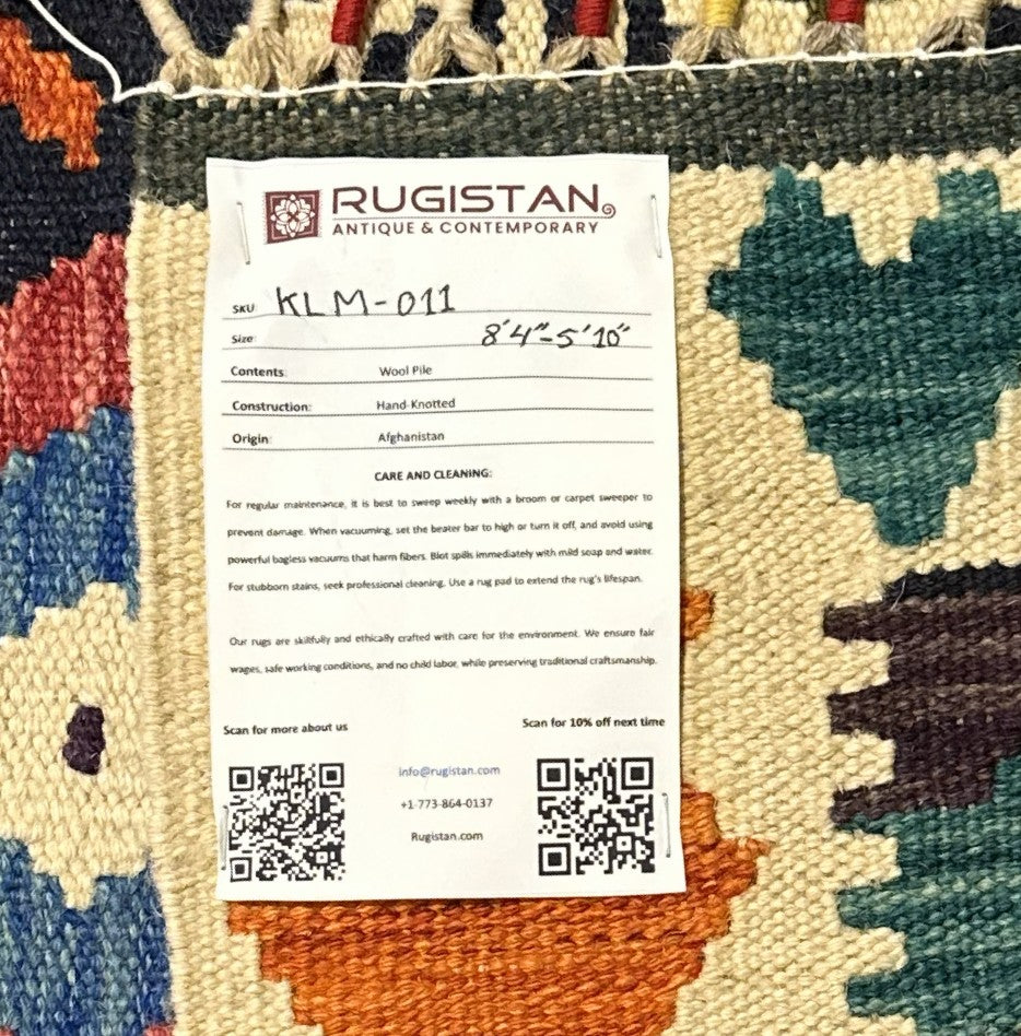 Afghan Kilim Rug 6x8, Navy, Pink & Ivory, Diamond Lattice Wool Flatweave, view 4