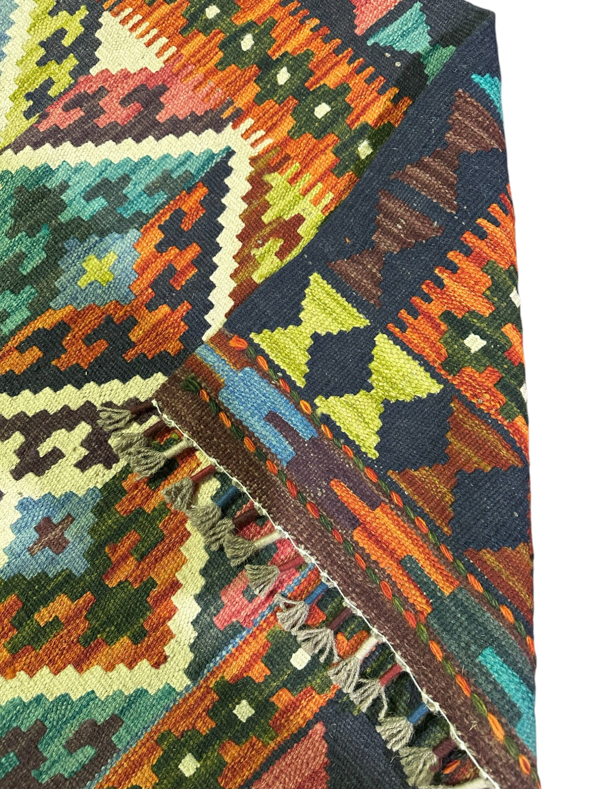 Afghan Kilim Rug 6x8, Rust, Teal & Navy, Hand-Woven Wool Flatweave, view 3