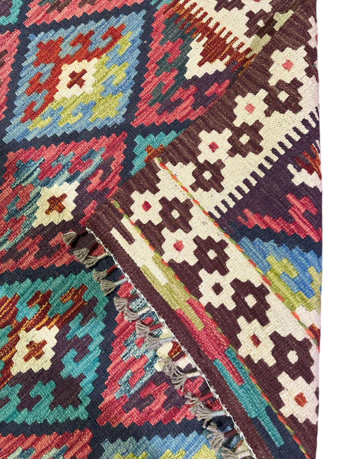 Afghan Kilim Rug 6x8, Teal, Brown & Pink, Hand-Woven Wool Flatweave, view 3