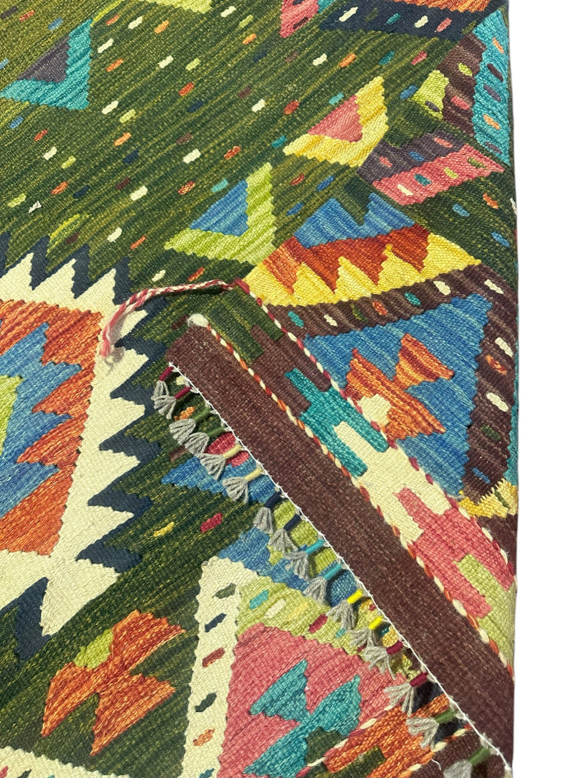 Afghan Kilim Rug 4x6, Olive Green, Ivory & Rust, Hand-Woven Wool Flatweave, view 3