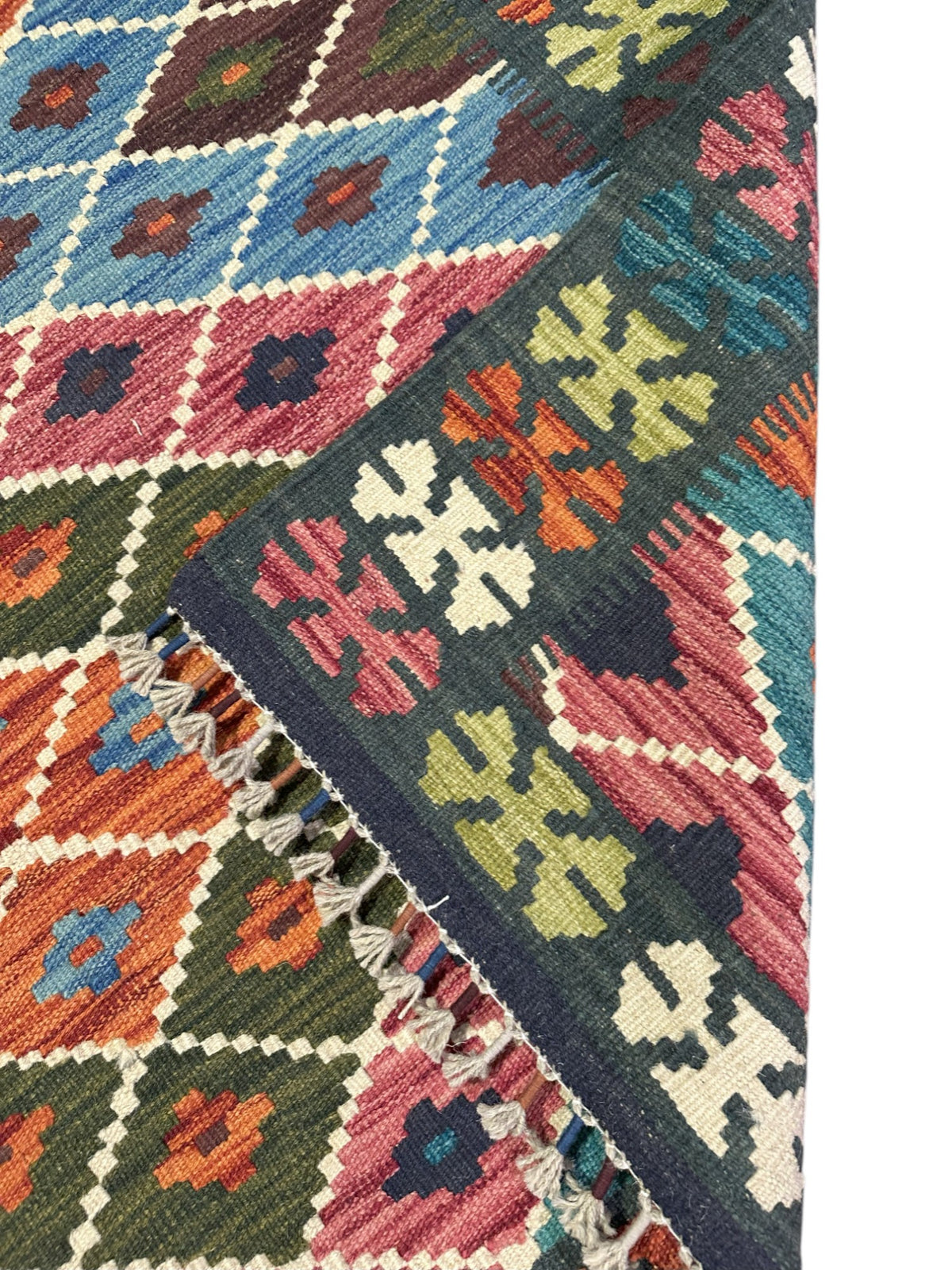Afghan Kilim Rug 4x6, Teal, Pink & Brown, Hand-Woven Wool Flatweave, view 3