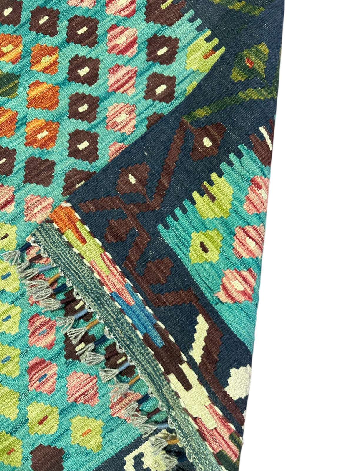 Afghan Kilim Rug 4x6, Teal, Navy & Green, Hand-Woven Wool Flatweave, view 3