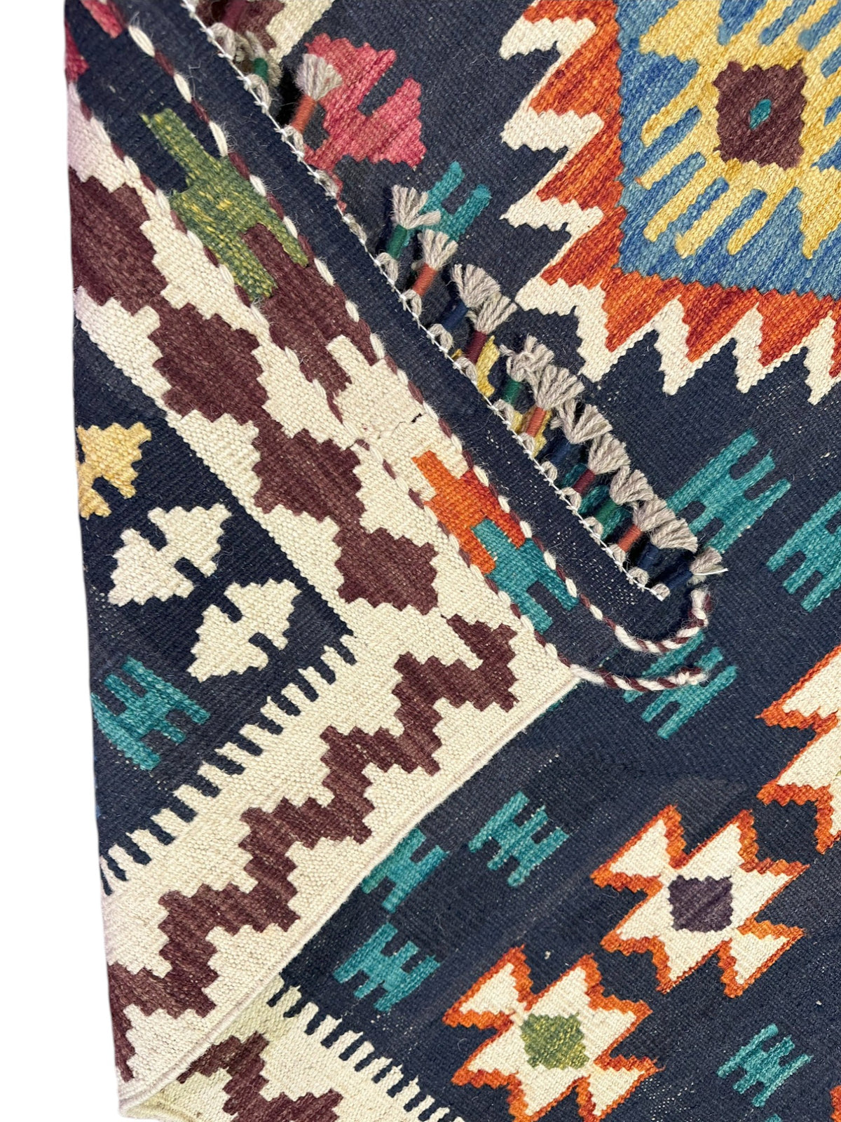 Afghan Kilim Rug 4x6, Navy, Ivory & Rust, Hand-Woven Wool Flatweave, view 3