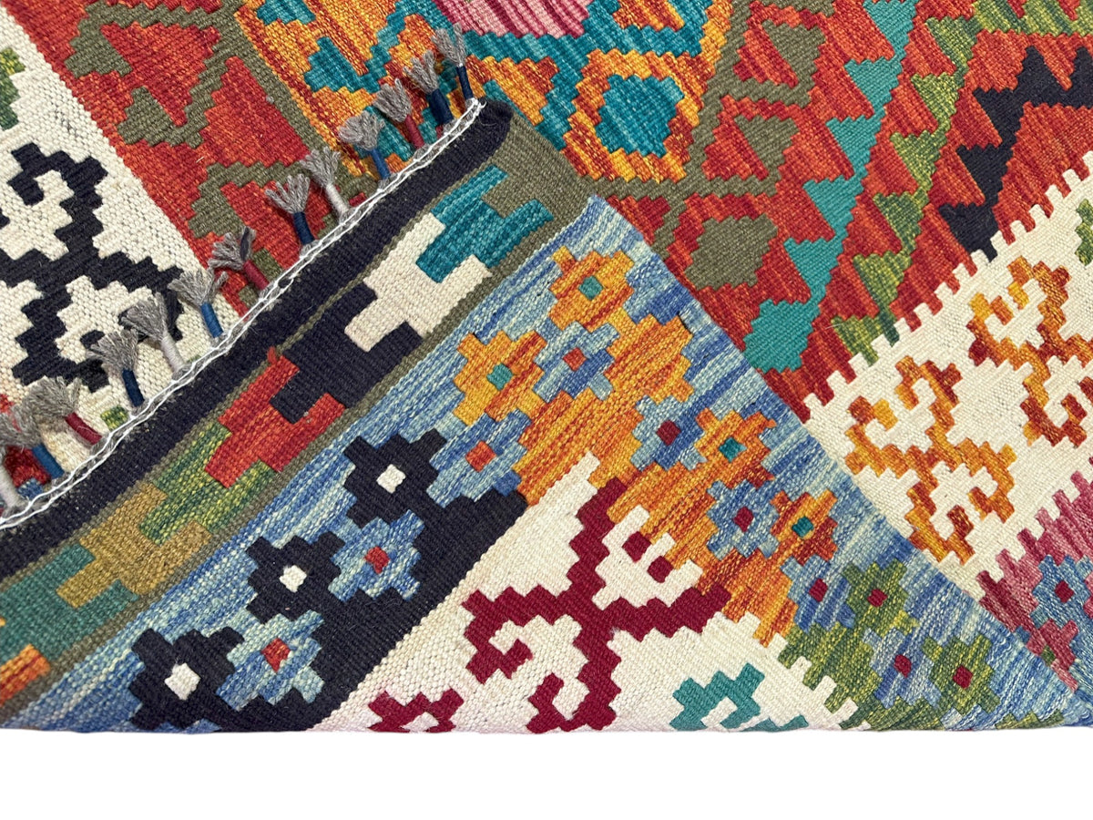 Afghan Kilim Rug 4x6, Rust, Ivory & Teal, Hand-Woven Wool Flatweave, view 3