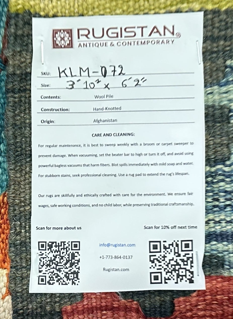 Afghan Kilim Rug 4x6, Purple, Teal & Olive Green, Hand-Woven Wool Flatweave, view 4