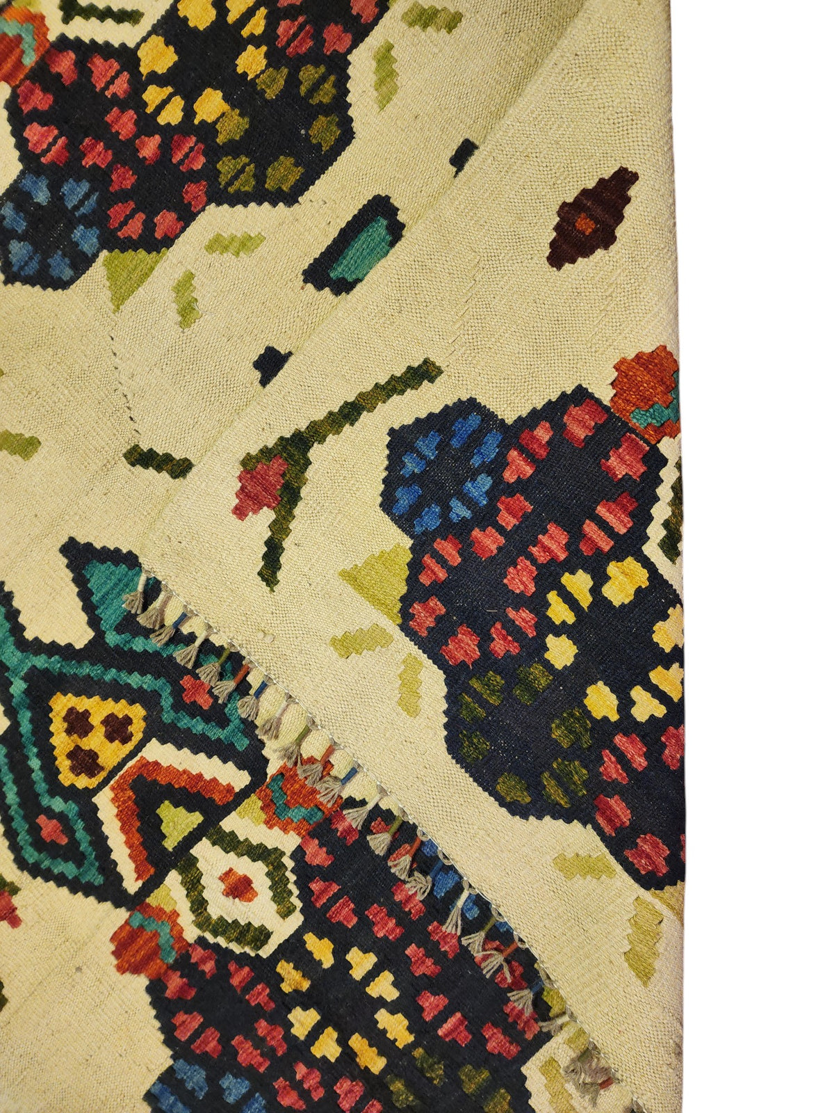 Afghan Kilim Rug 5x6, Ivory, Navy & Teal, Hand-Woven Wool Flatweave, view 3