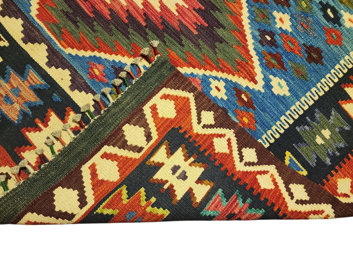 Afghan Kilim Rug 5x7, Blue, Rust & Brown, Diamond Medallion Wool Flatweave, view 3