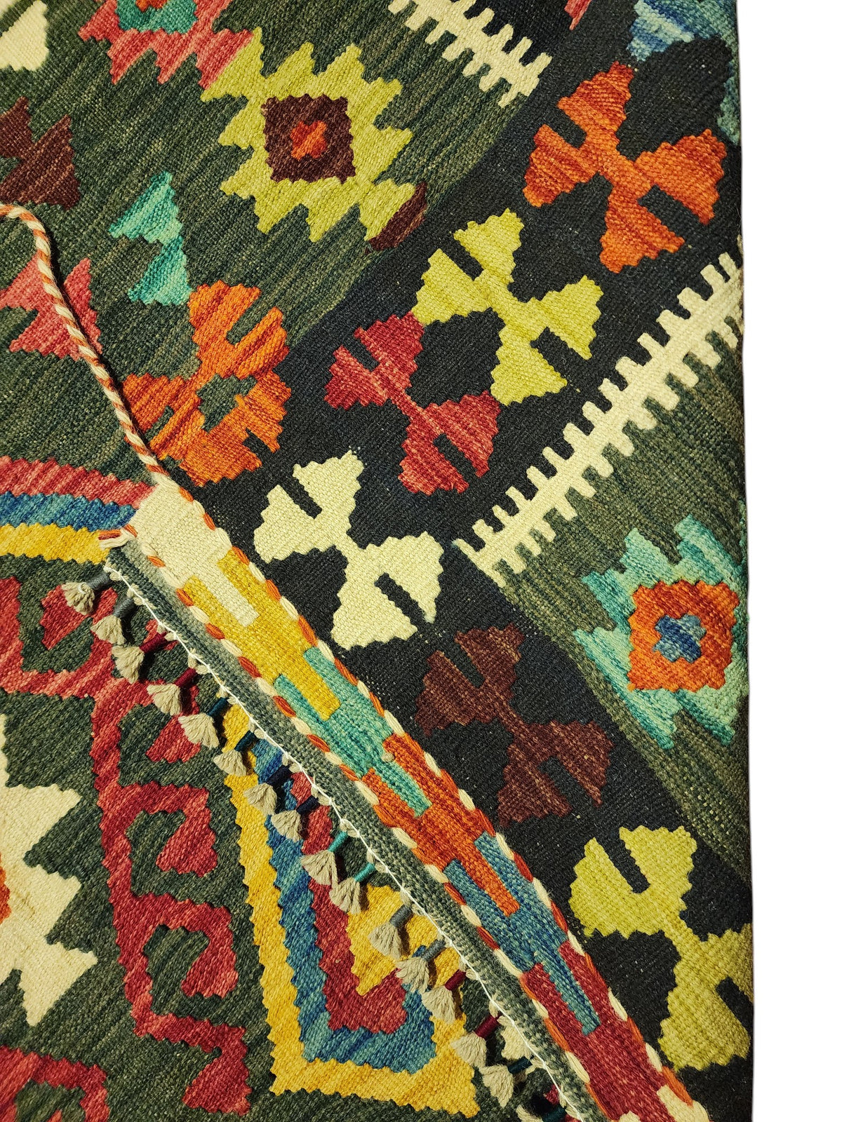 Afghan Kilim Rug 5x7, Green, Black & Rust, Hand-Woven Wool Flatweave, view 3