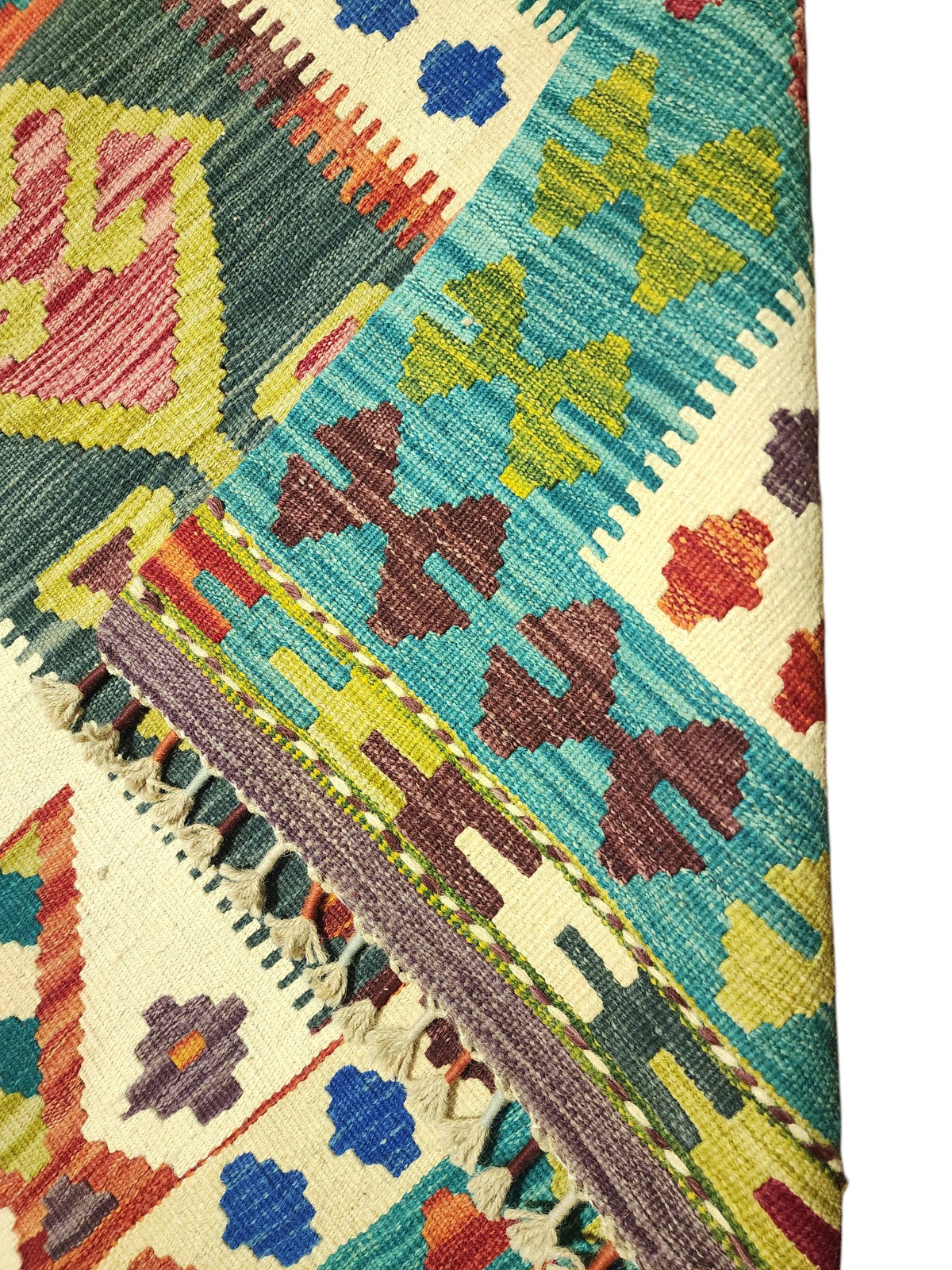 Afghan Kilim Rug 5x7, Teal, Ivory & Rust, Hand-Woven Wool Flatweave, view 3