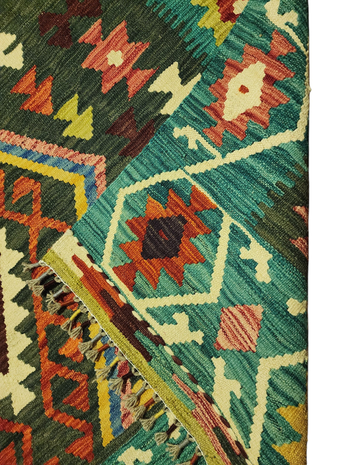 Afghan Kilim Rug 5x7, Teal, Green & Rust, Hand-Woven Wool Flatweave, view 3