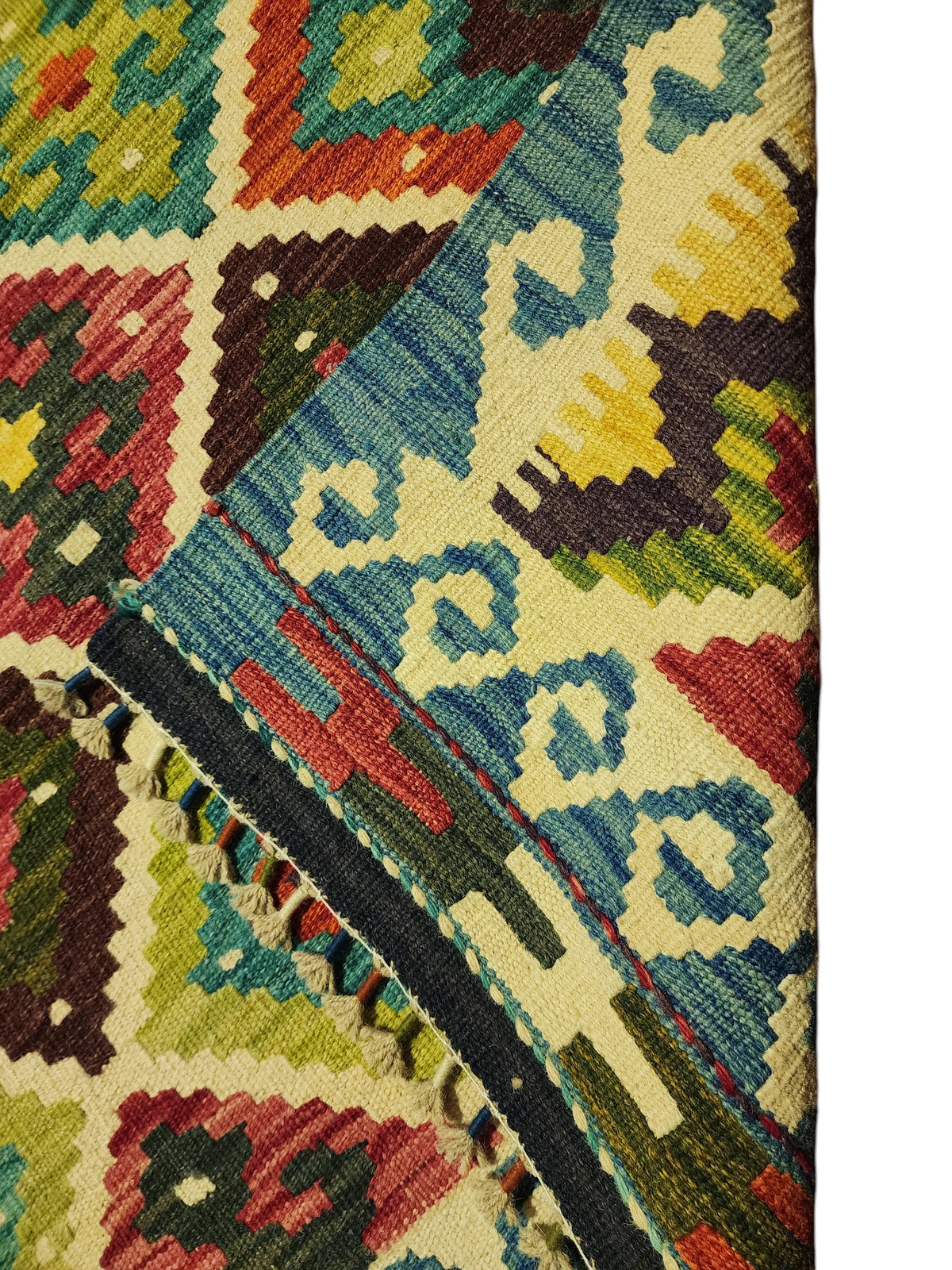 Afghan Kilim Rug 5x7, Brown, Teal & Ivory, Hand-Woven Wool Flatweave, view 3