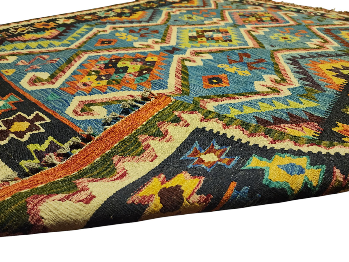 Afghan Kilim Rug 5x7, Blue, Navy & Ivory, Hand-Woven Wool Flatweave, view 3