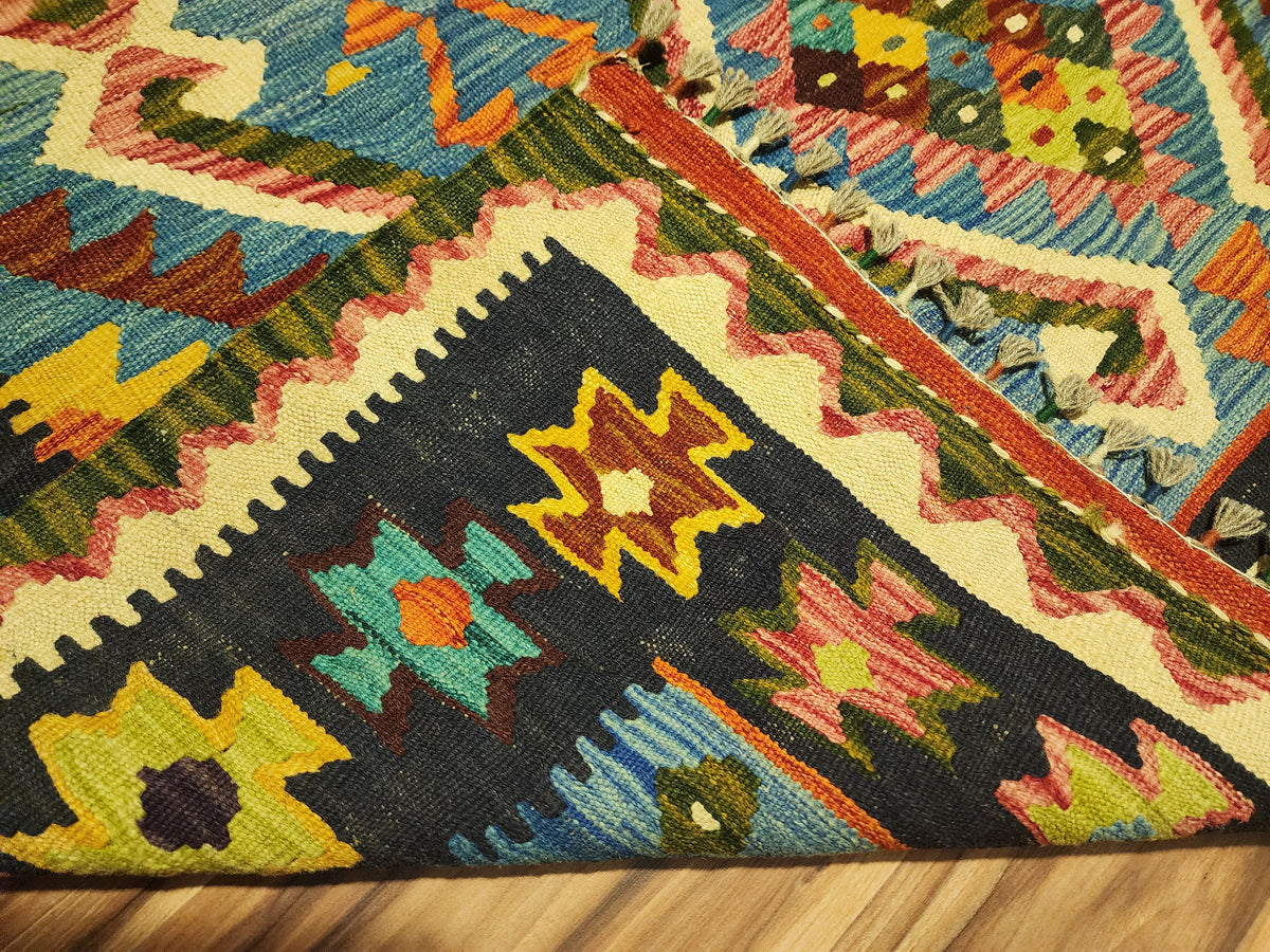 Afghan Kilim Rug 5x7, Blue, Navy & Ivory, Hand-Woven Wool Flatweave, view 4